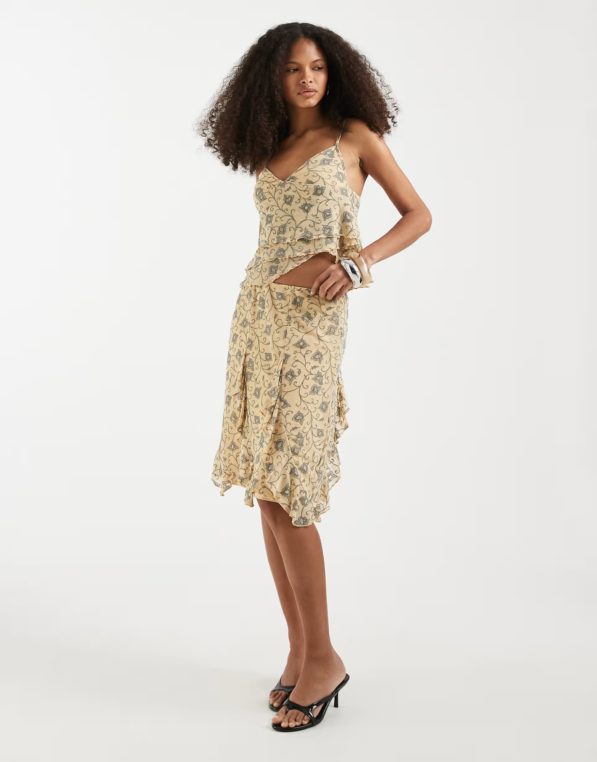 ASOS Motel Luisa winding floral floaty midi skirt in ivy pale yellow