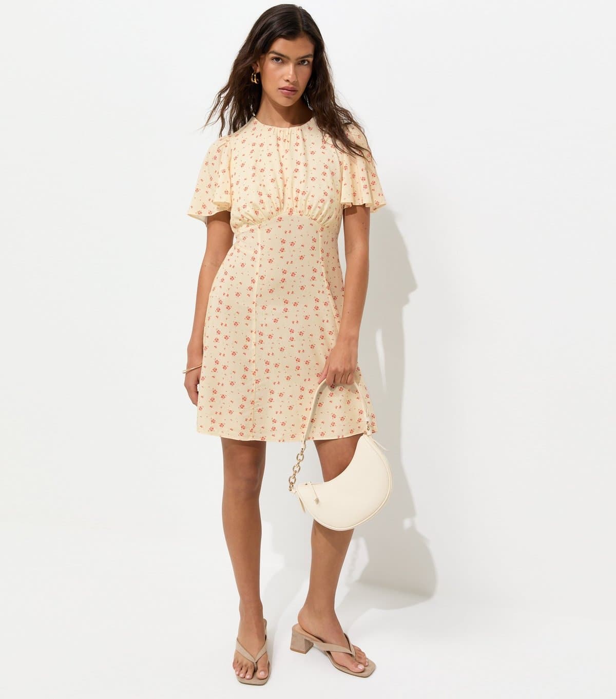 New Look Women's Cream Woven Ditsy Print Flutter Sleeve Mini Dress New Look
