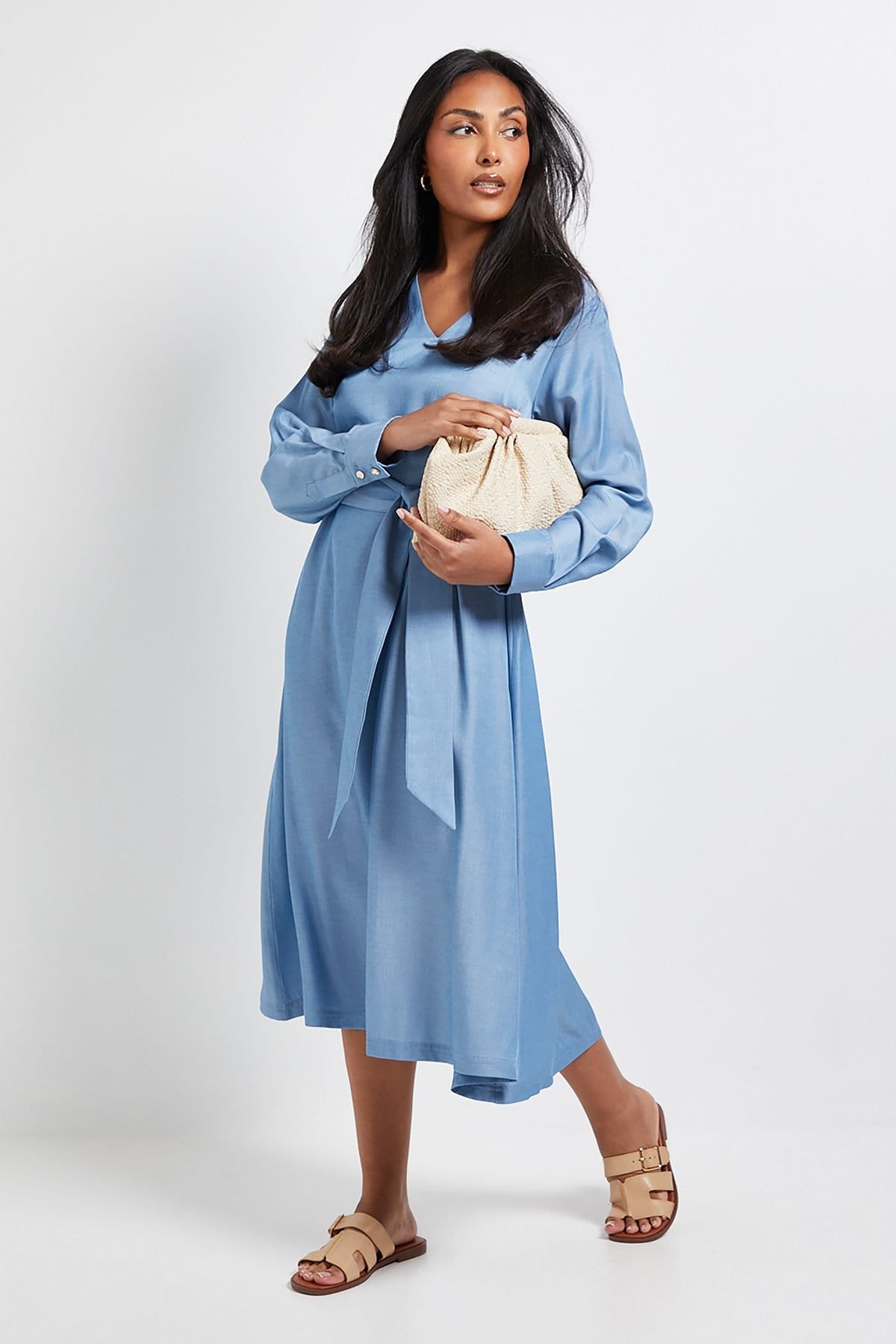 Wallis Women's Petite Denim Look Tie Waist Midi Dress in Light Wash