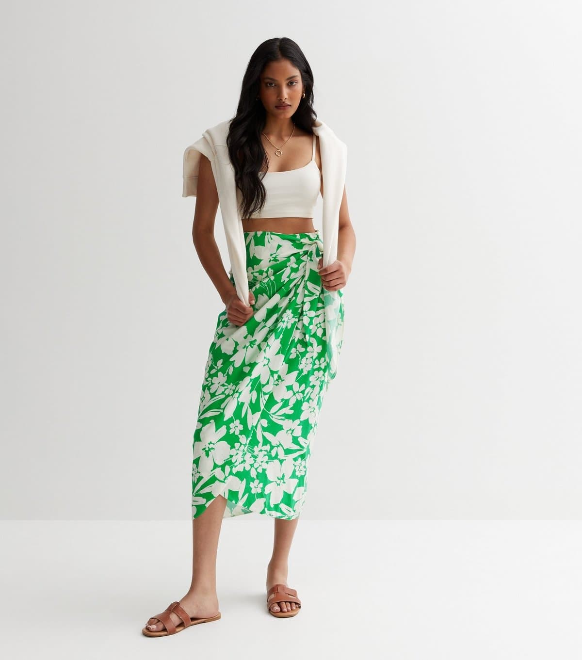 New Look Women's Green Floral Sarong Midi Skirt New Look
