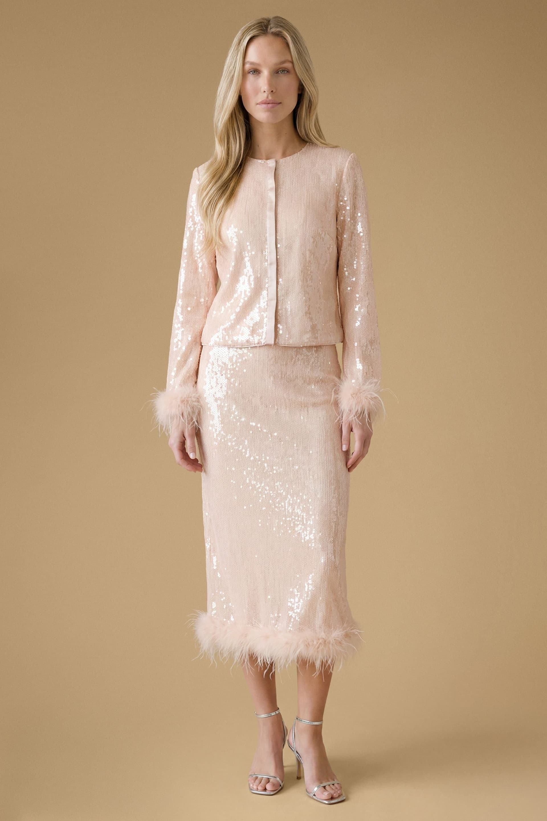 Oasis Oasis Women's Hen Premium Sequin Feather Cuff Top in Champagne