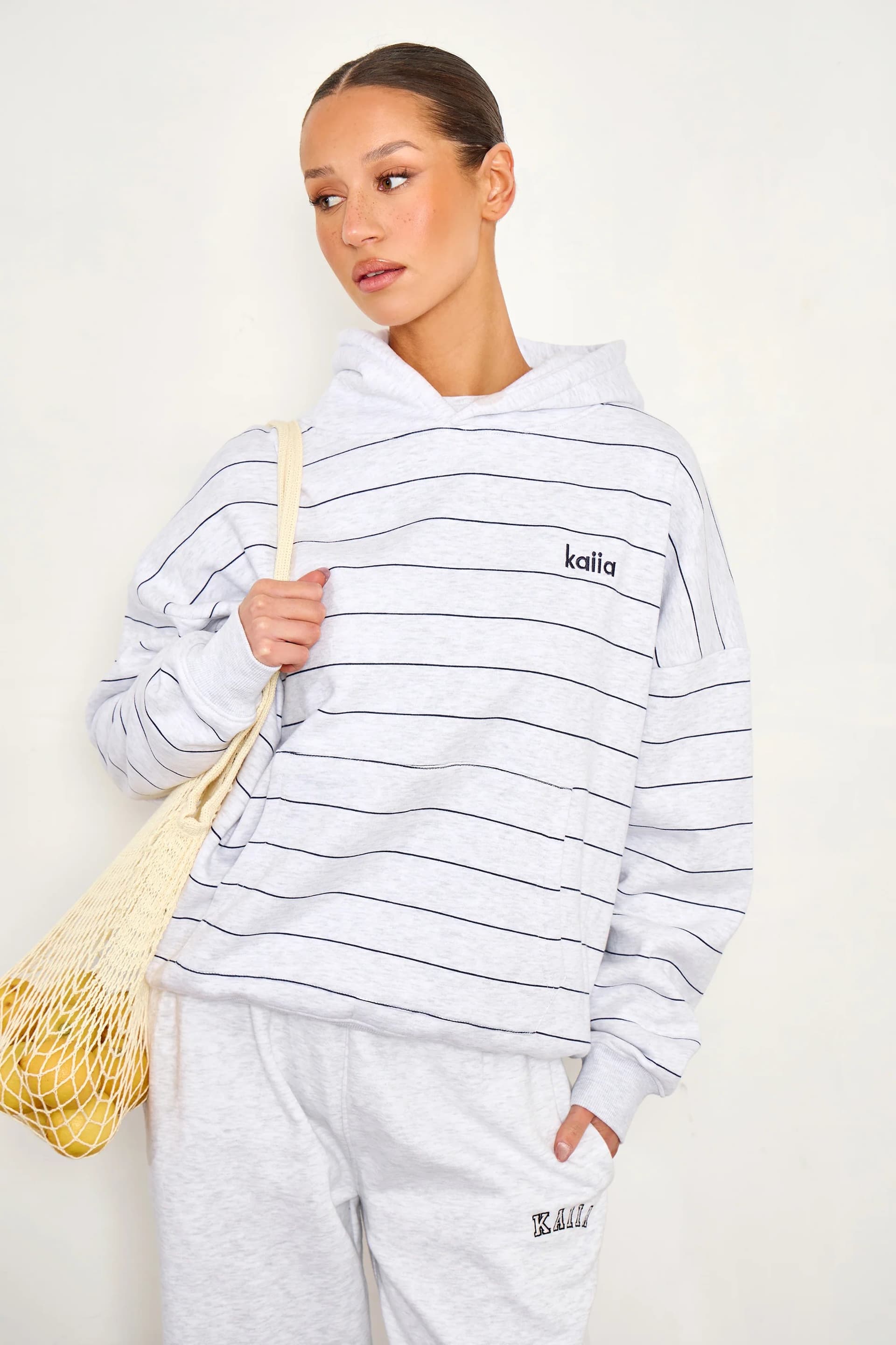 Kaiia Kaiia Pinstripe Oversized Hoodie Light Grey Marl & Navy