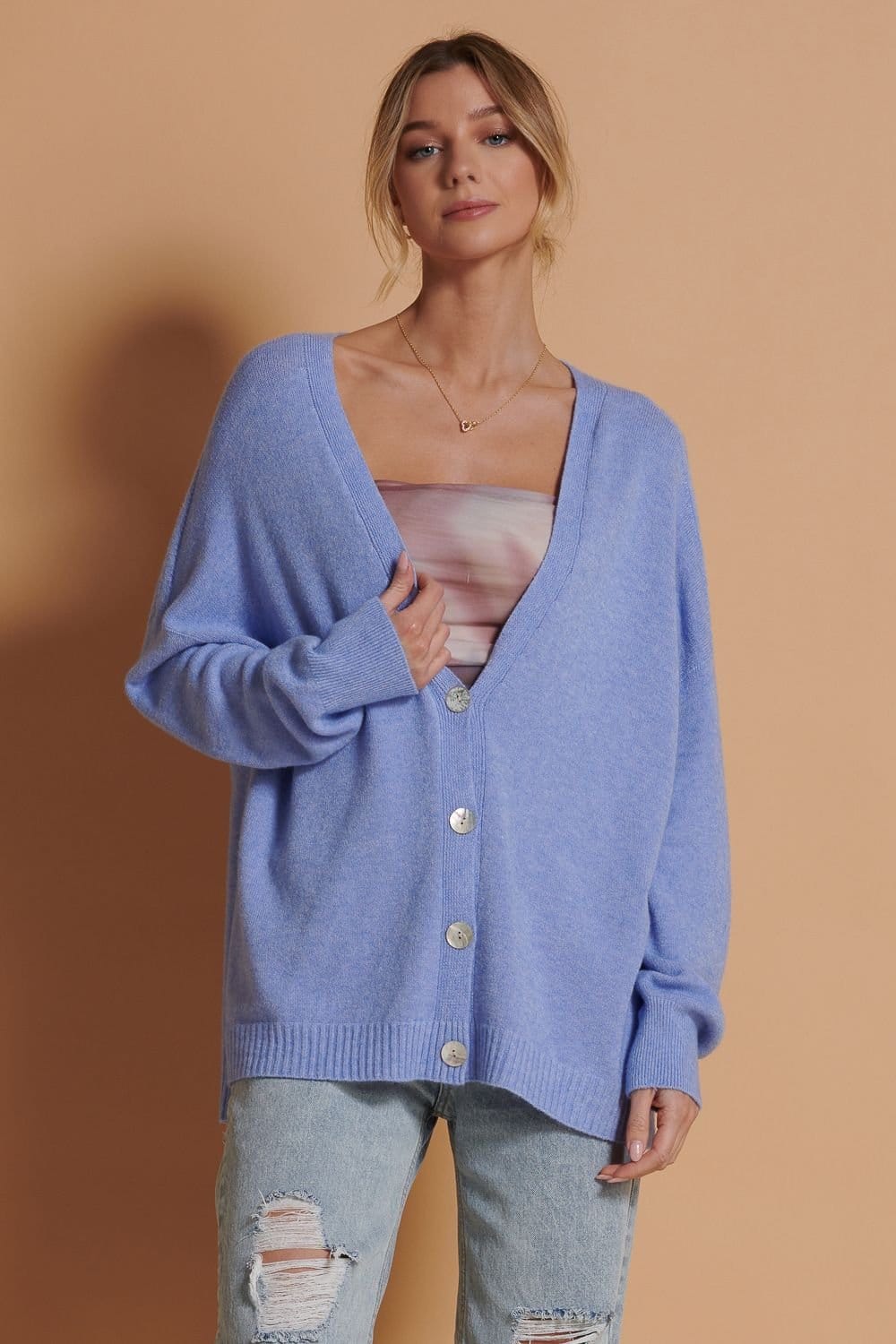 Jolie Moi Jolie Moi Women's Soft Knit Shell Button Cardigan in Pale Blue - 1