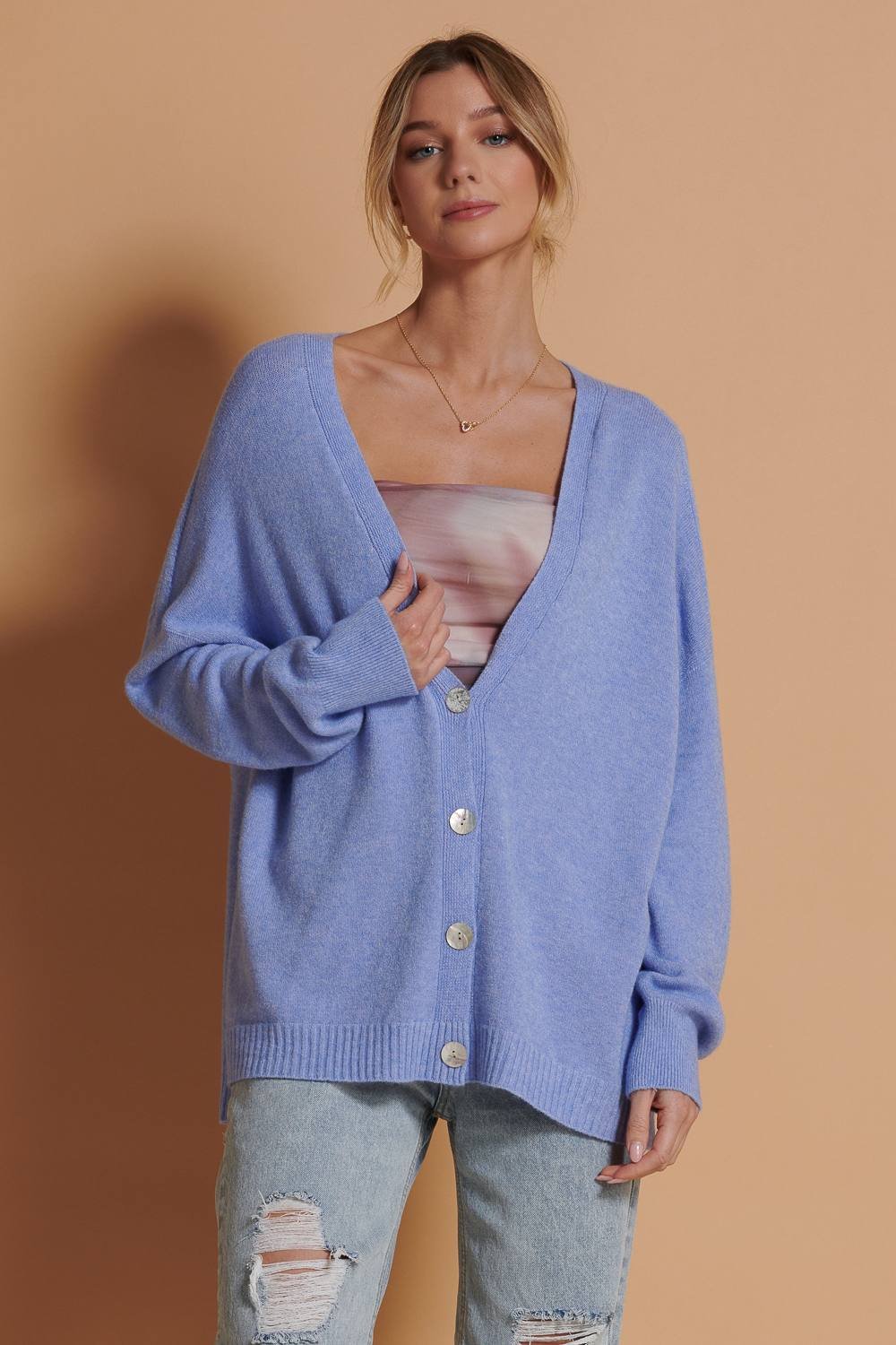 Jolie Moi Jolie Moi Women's Soft Knit Shell Button Cardigan in Pale Blue - 2