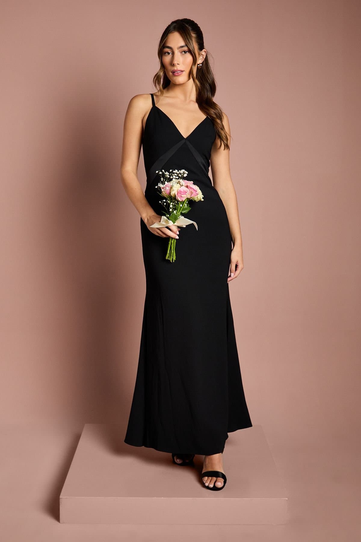 Coast Coast Women's Satin Strappy Maxi Bridesmaid Dress with Back Sash Detail in Black