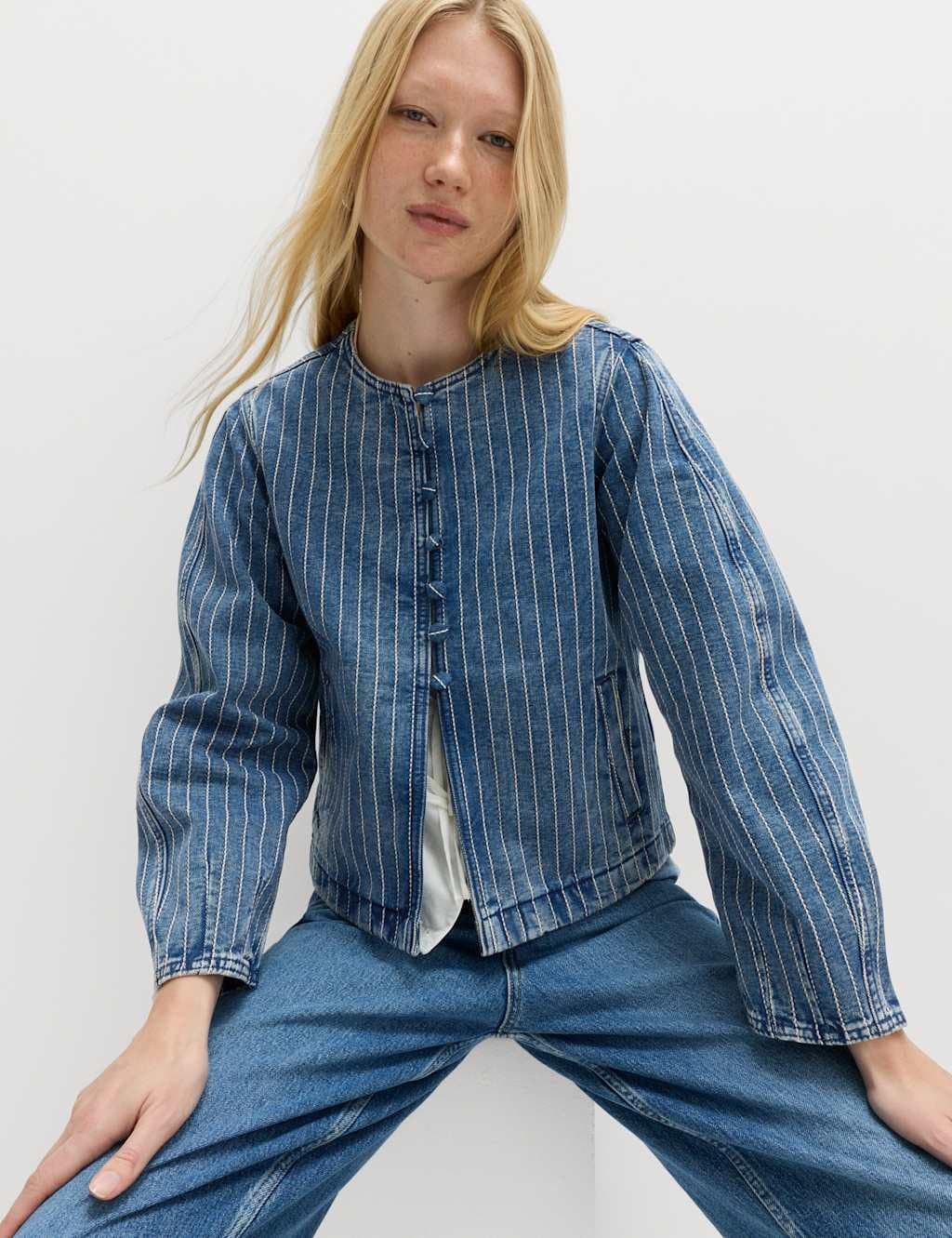 Marks & Spencer M&S Denim Striped Collarless Jacket Medium Indigo