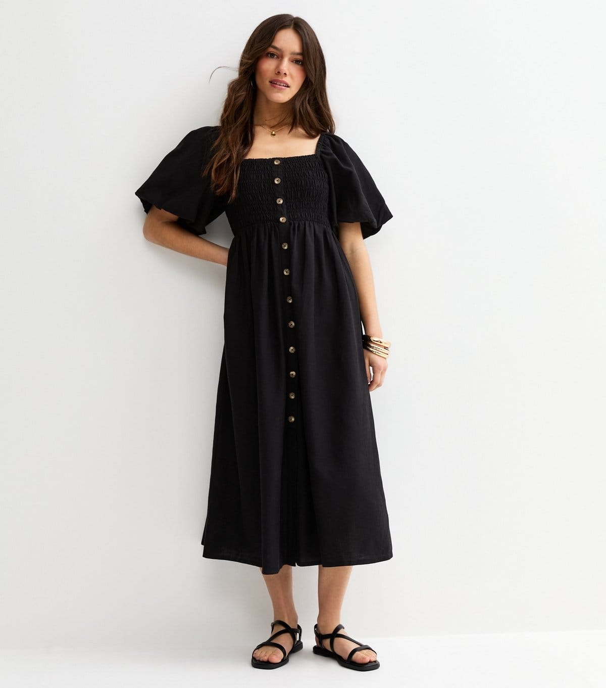 New Look Petite Black Button Through Milkmaid Midi Dress