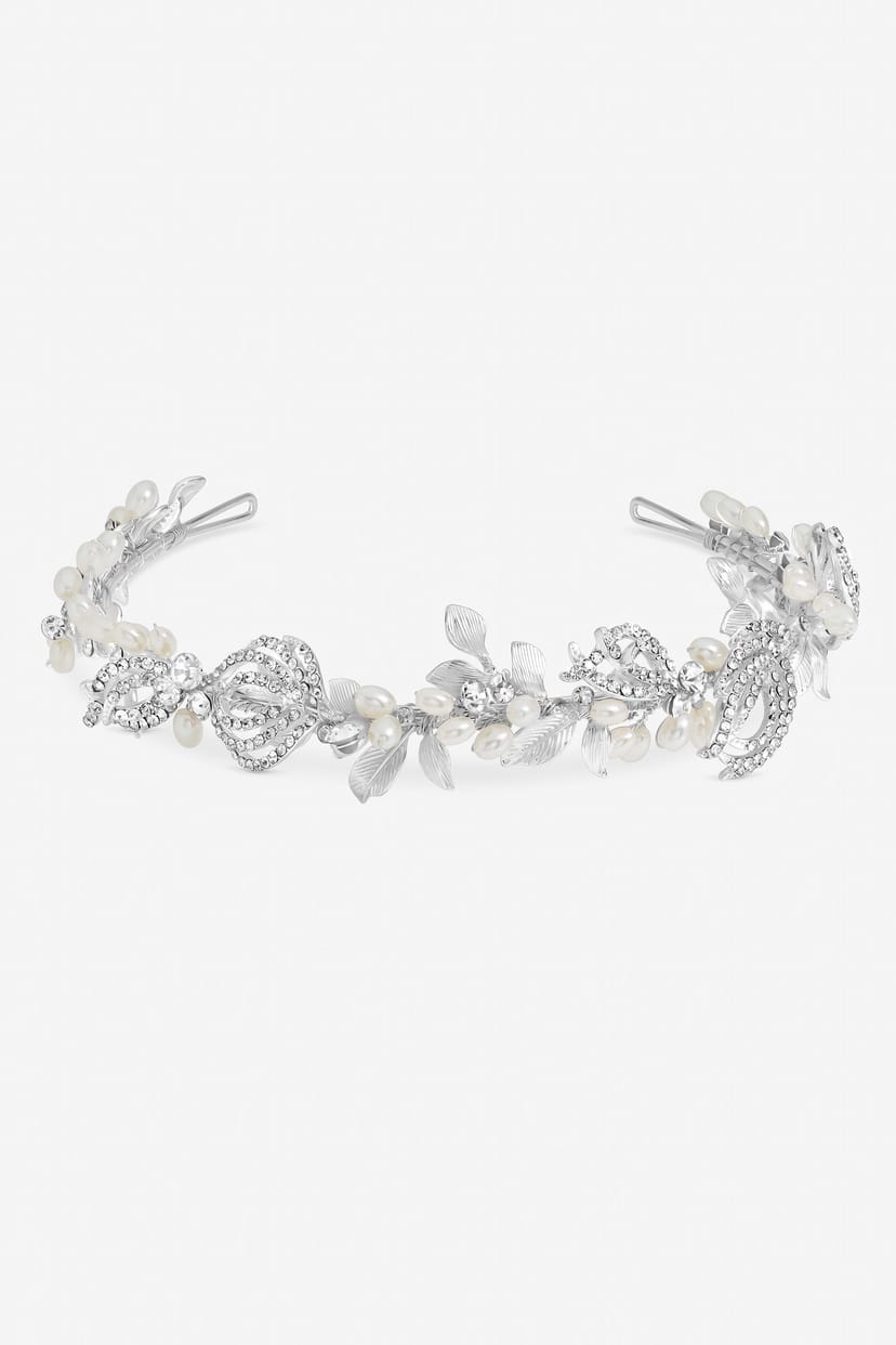 Jon Richard Jon Richard Women's Delilah Silver Plated Pave Feather & Pearl Tiara - Gift Pouch - 1