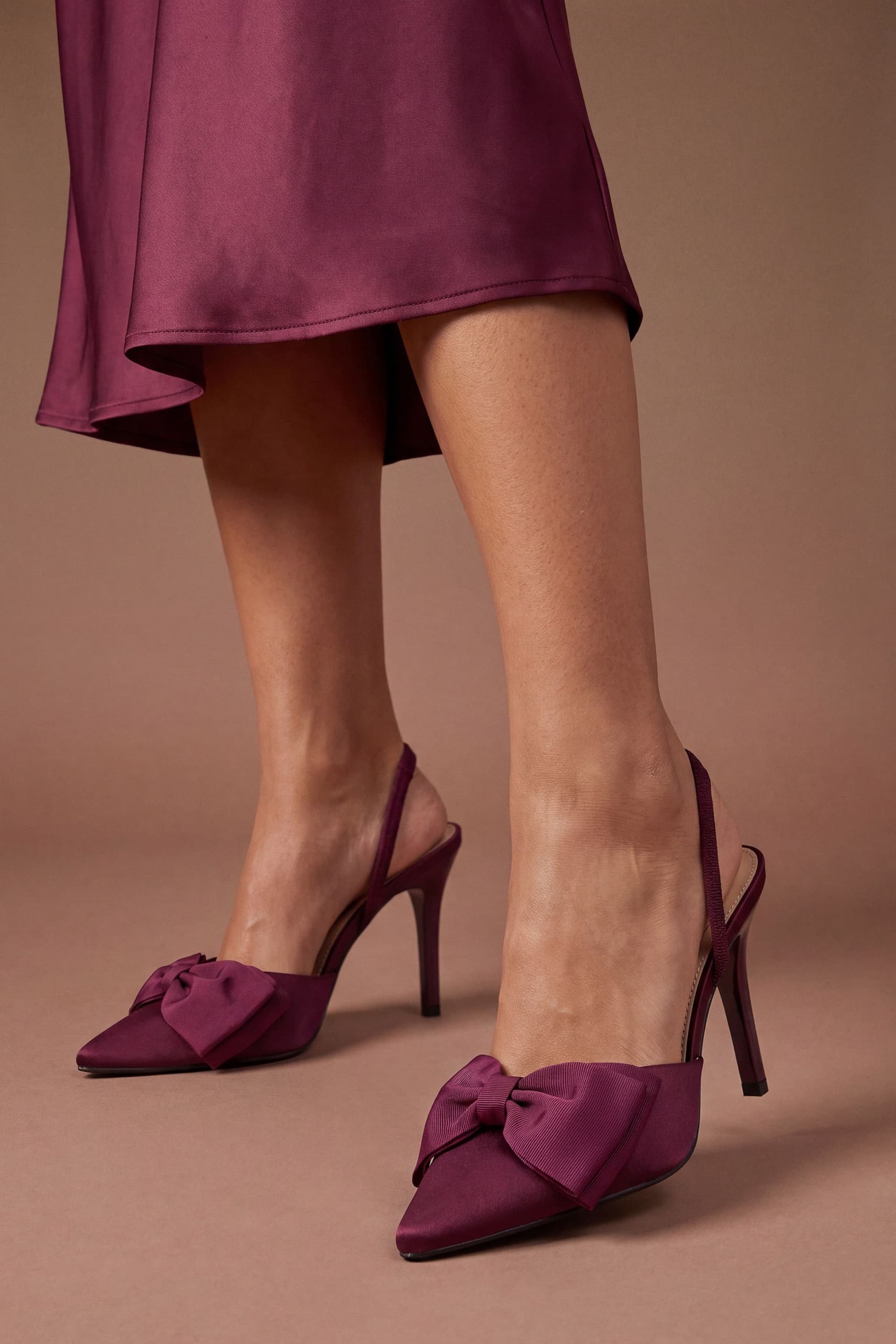 Coast Coast Women's Jasmin Satin Slingback High Stiletto Heel Bow Detail Court Shoe in Berry