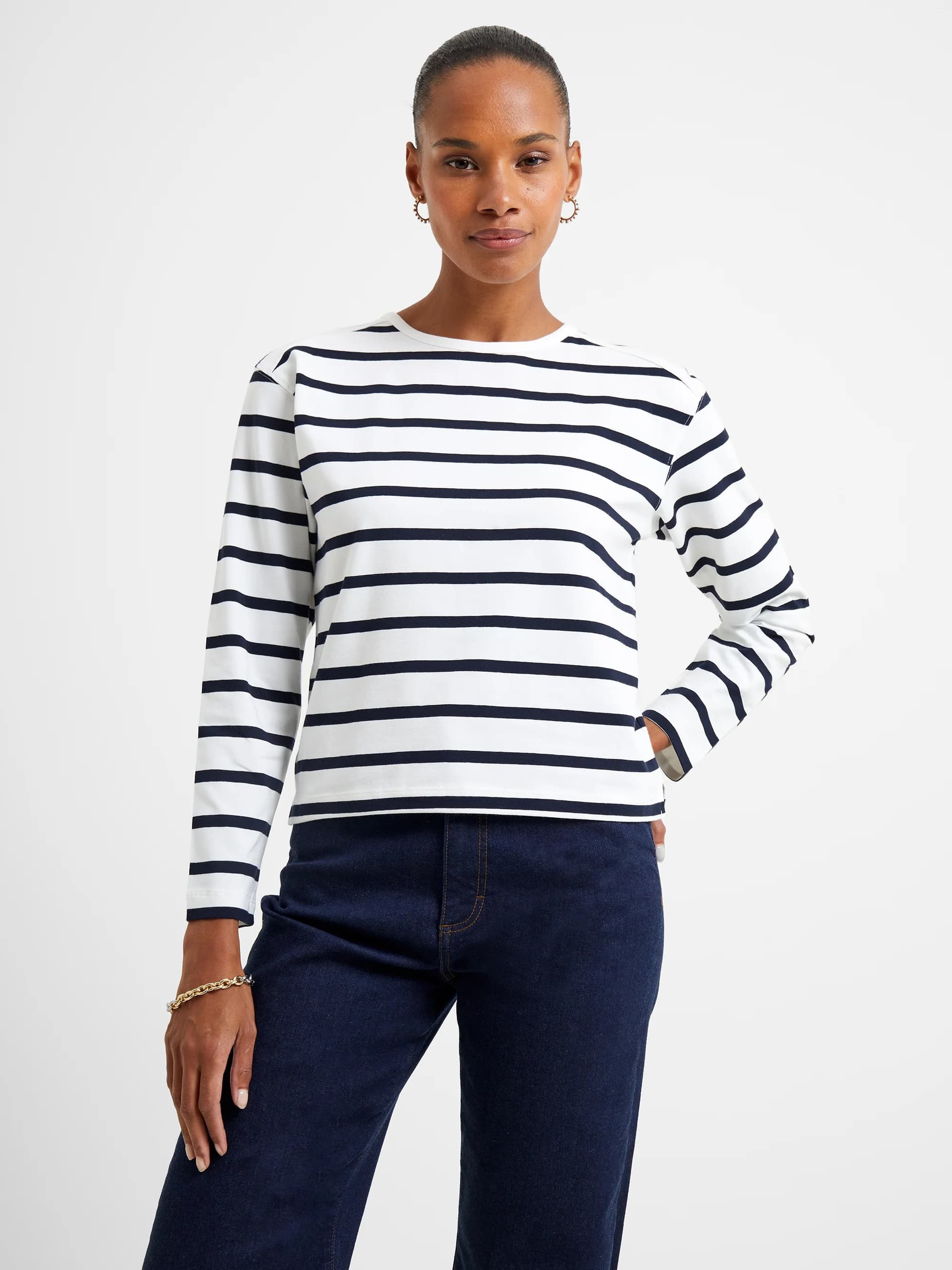 French Connection French Connection White/Navy Stripe Slash Neck Top
