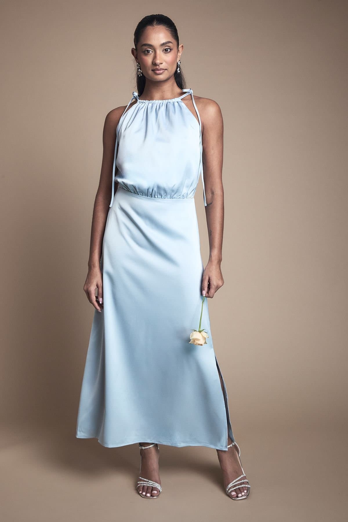 Oasis Oasis Women's Ruched Halterneck Satin Bridesmaid Midi Dress in Light Blue