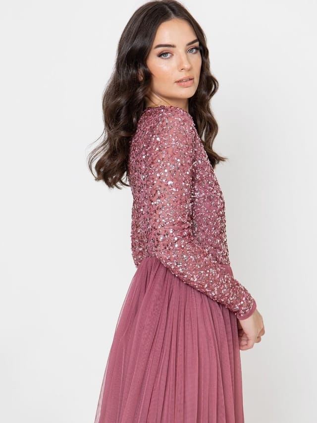 Maya Deluxe Maya Deluxe Women's Embellished Long Sleeve Maxi Dress in Rose - 3