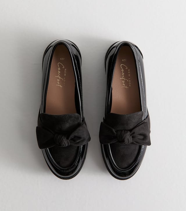 New Look Women's Black Faux Patent Bow Appliqued Loafers Vegan New Look - 3
