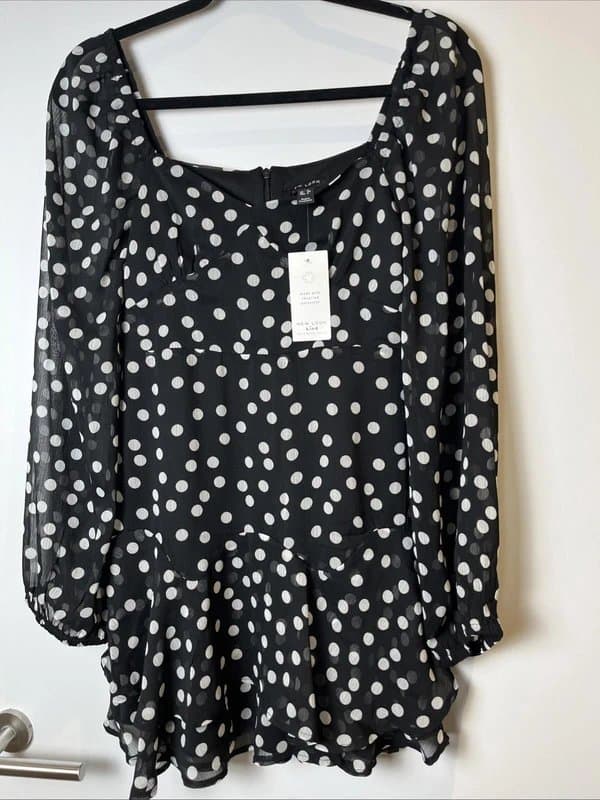 New Look New look - dot chiffon long sleeve dress - size 6 - black