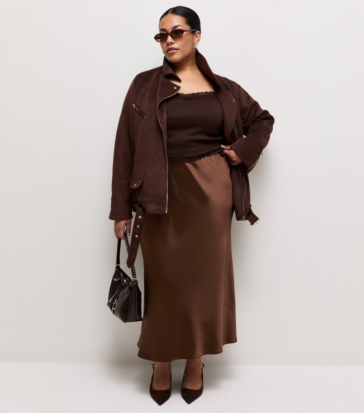 New Look Women's Plus Size Brown Satin Bias Cut Midi Skirt Curves New Look