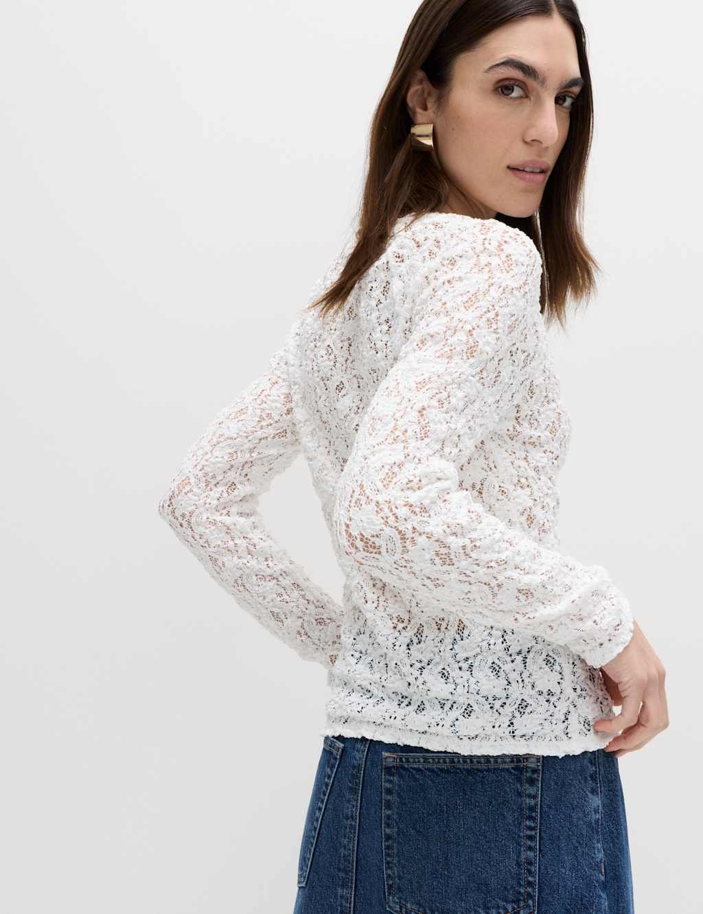 Marks & Spencer M&S Cotton Rich Lace Textured Top Soft White - 4