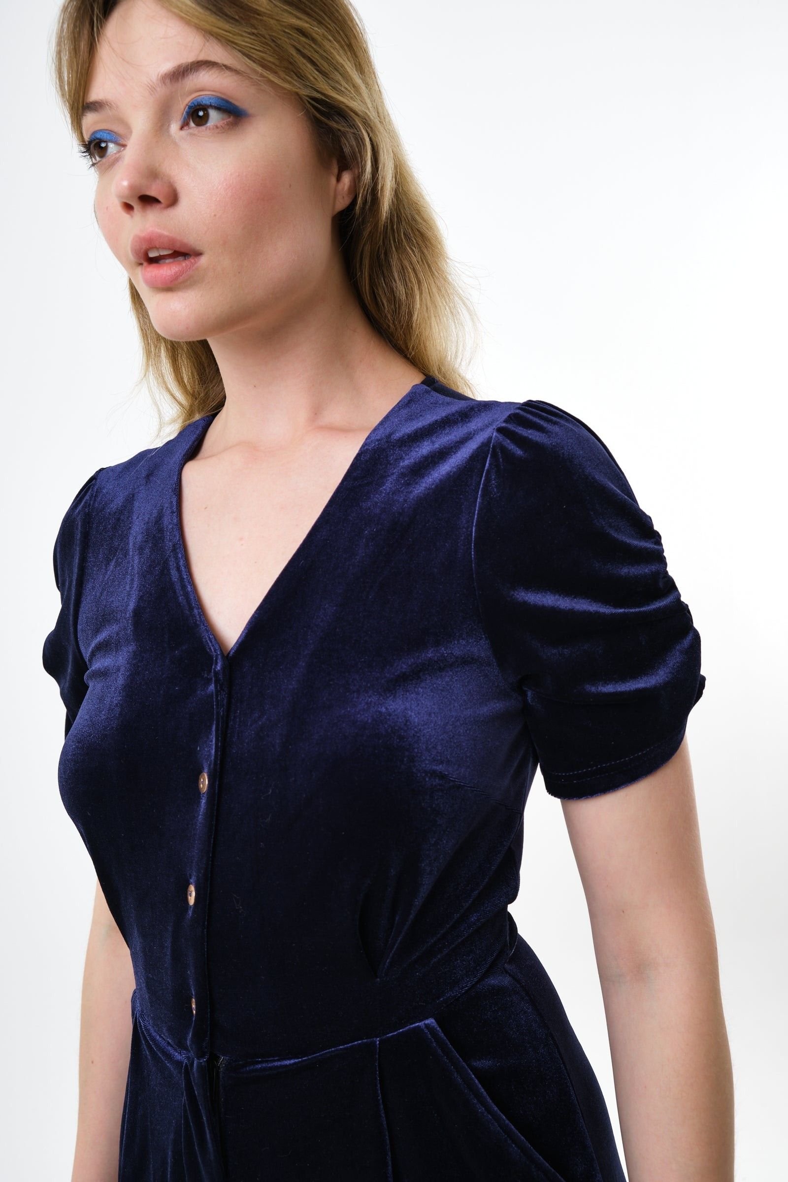 Louche Louche Women's Lyes Velvet Short Sleeved Jumpsuit - Navy in Blue - 4