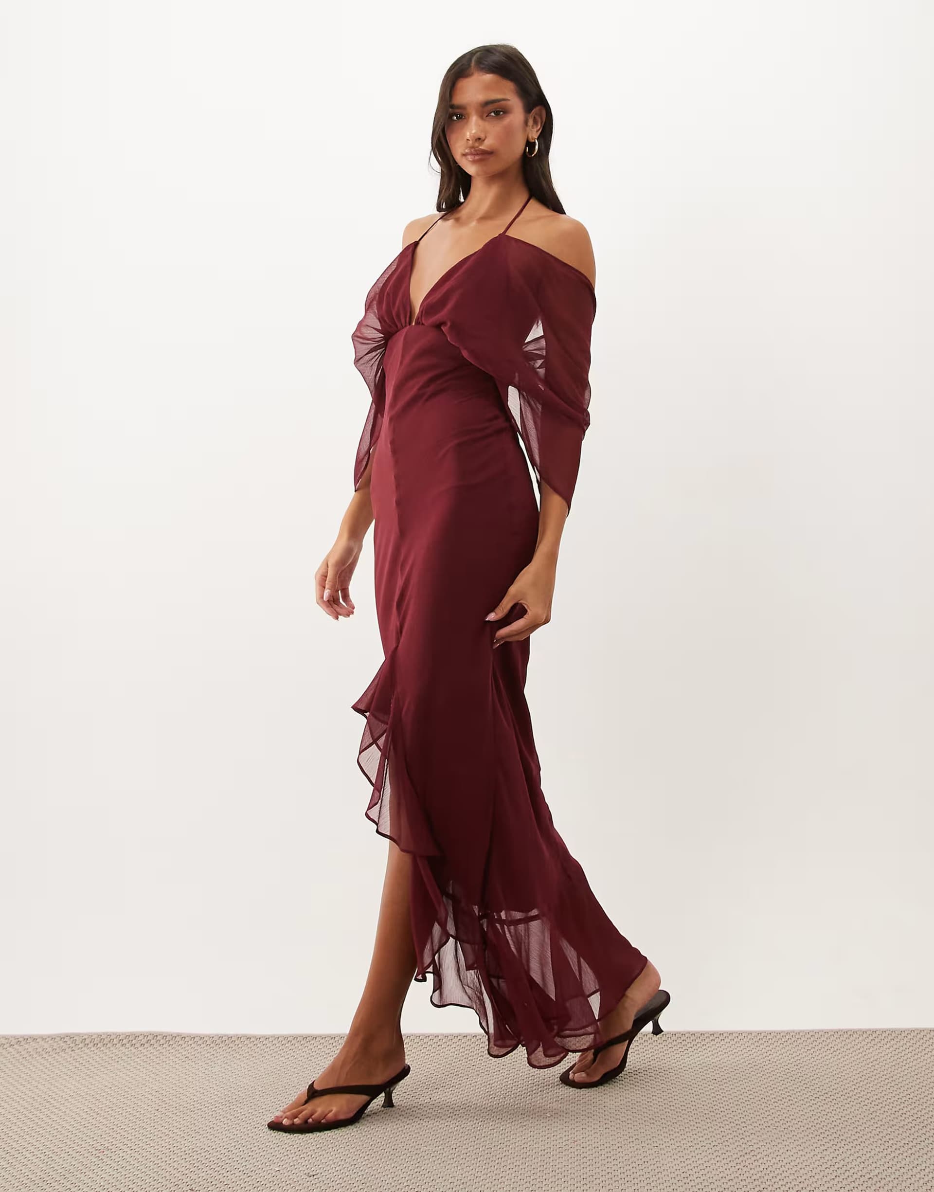 ASOS ASOS DESIGN shoulder skim bias hi-low hem maxi dress in berry