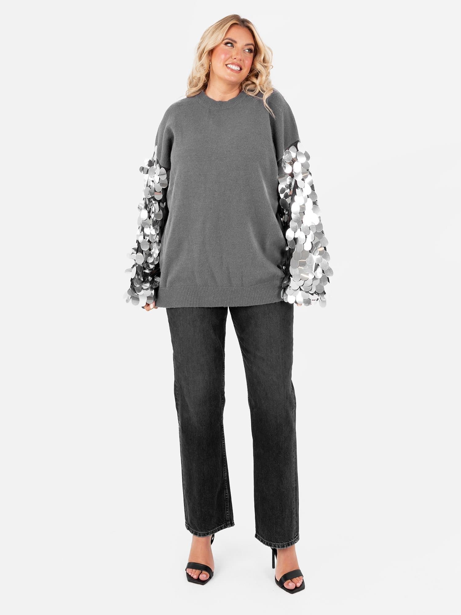 Lovedrobe Lovedrobe Women's Sequin Sleeve Jumper in Grey