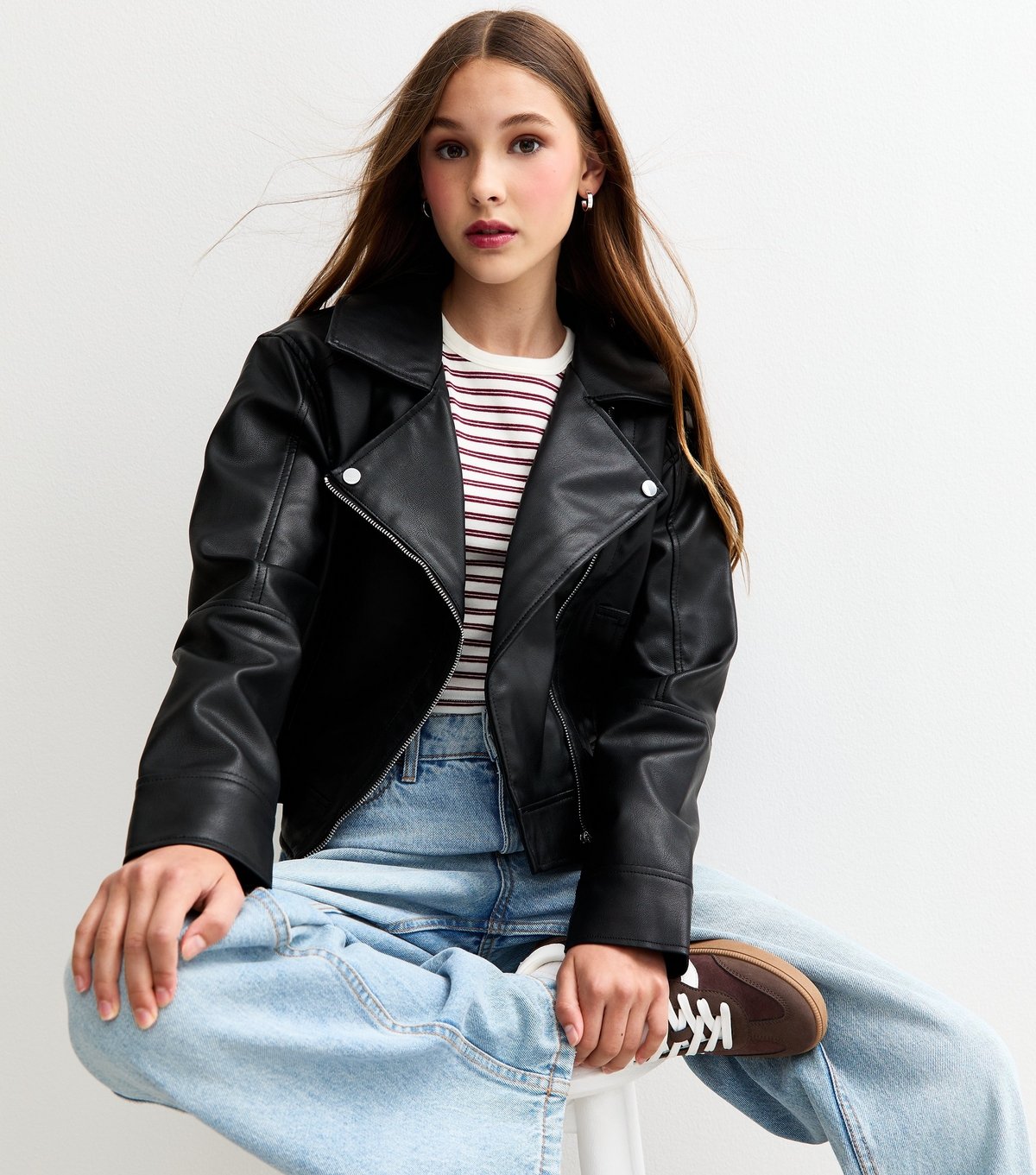 New Look Girls' Black Faux Leather Biker Jacket New Look - 1