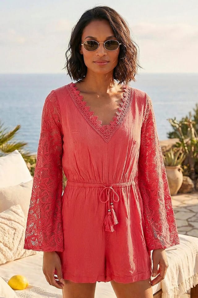 Dusk Dusk Women's Crochet Sleeve Playsuit in Coral - 2