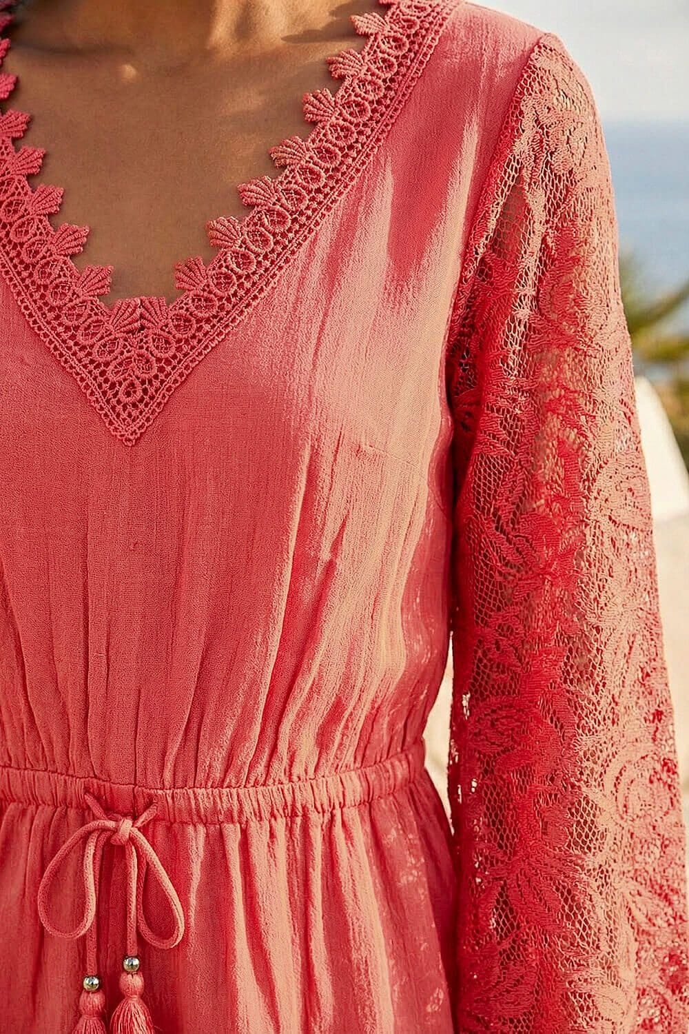 Dusk Dusk Women's Crochet Sleeve Playsuit in Coral - 4
