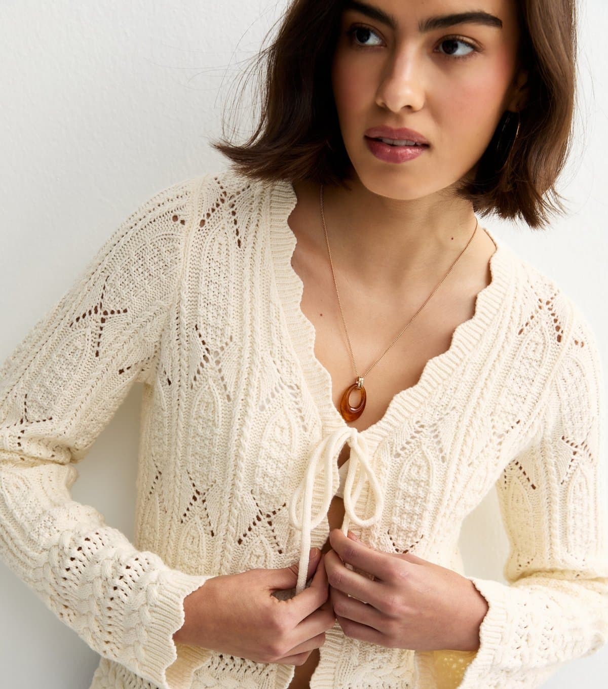 New Look Women's Cream Cotton Rich Crochet Tie Front Cardigan New Look