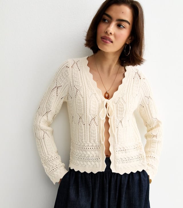 New Look Women's Cream Cotton Rich Crochet Tie Front Cardigan New Look - 3