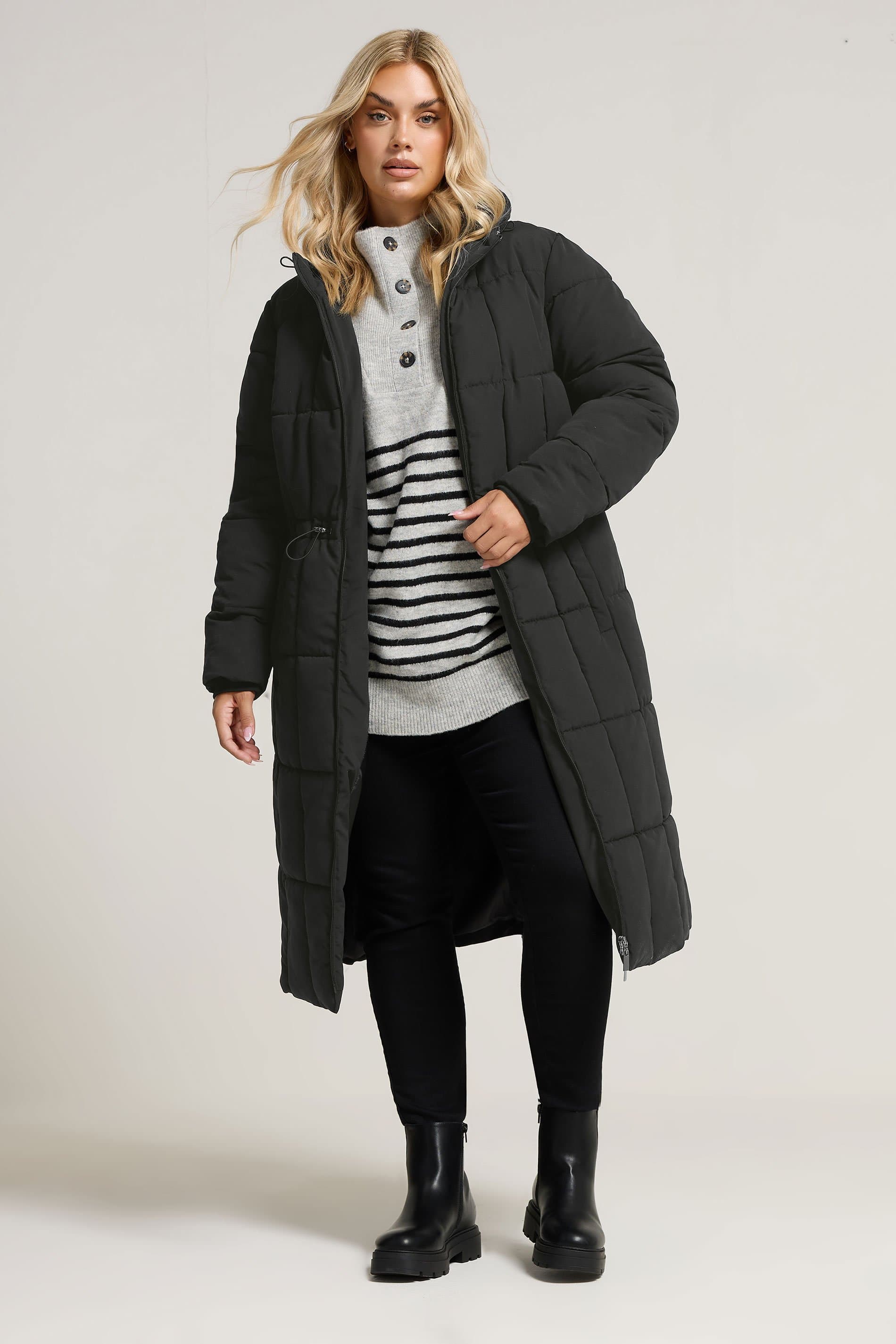 Yours Plus Size Black Padded Midi Puffer Coat