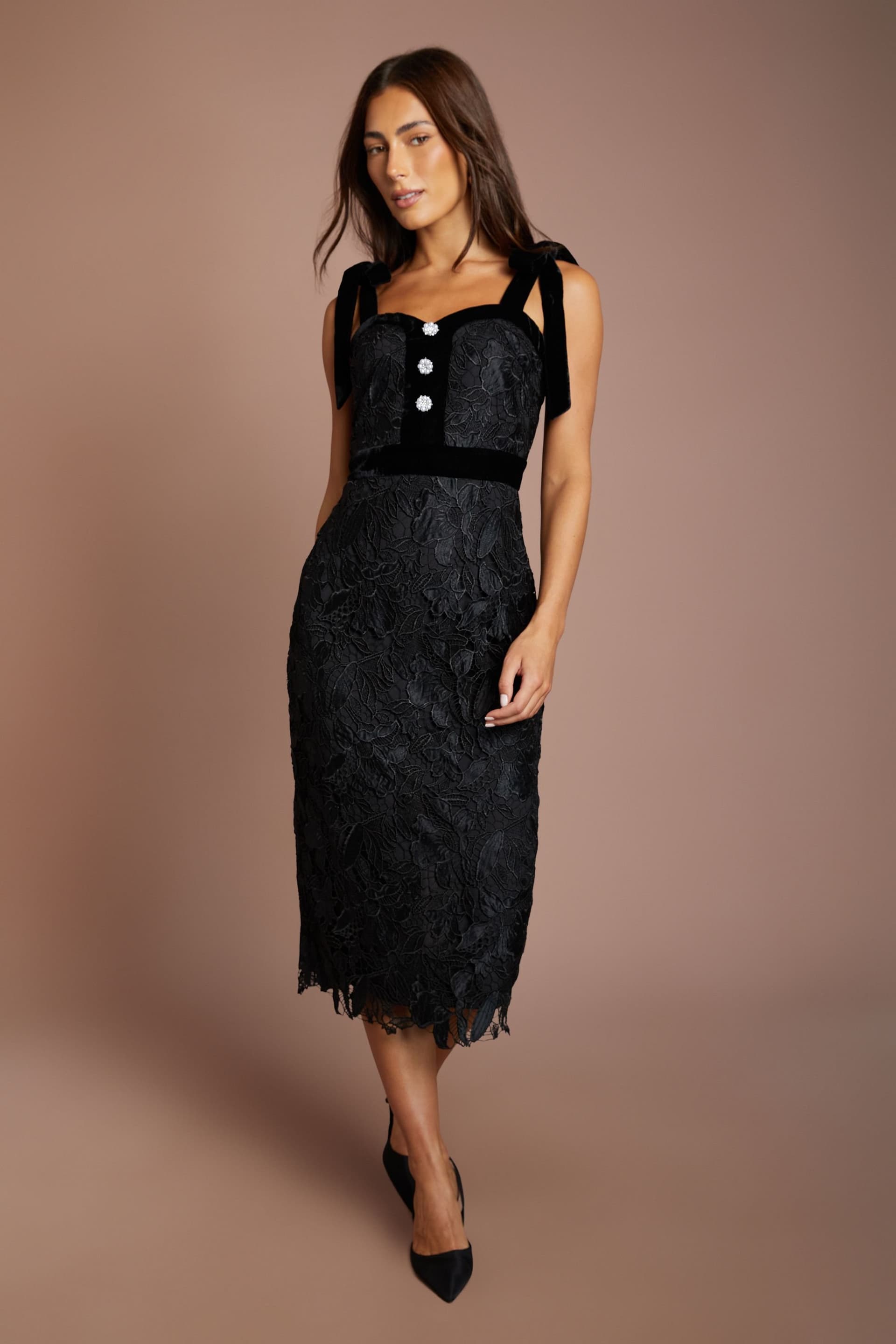 Coast Coast Women's Satin Lace Pencil Midi Dress With Velvet Tie Shoulders in Black