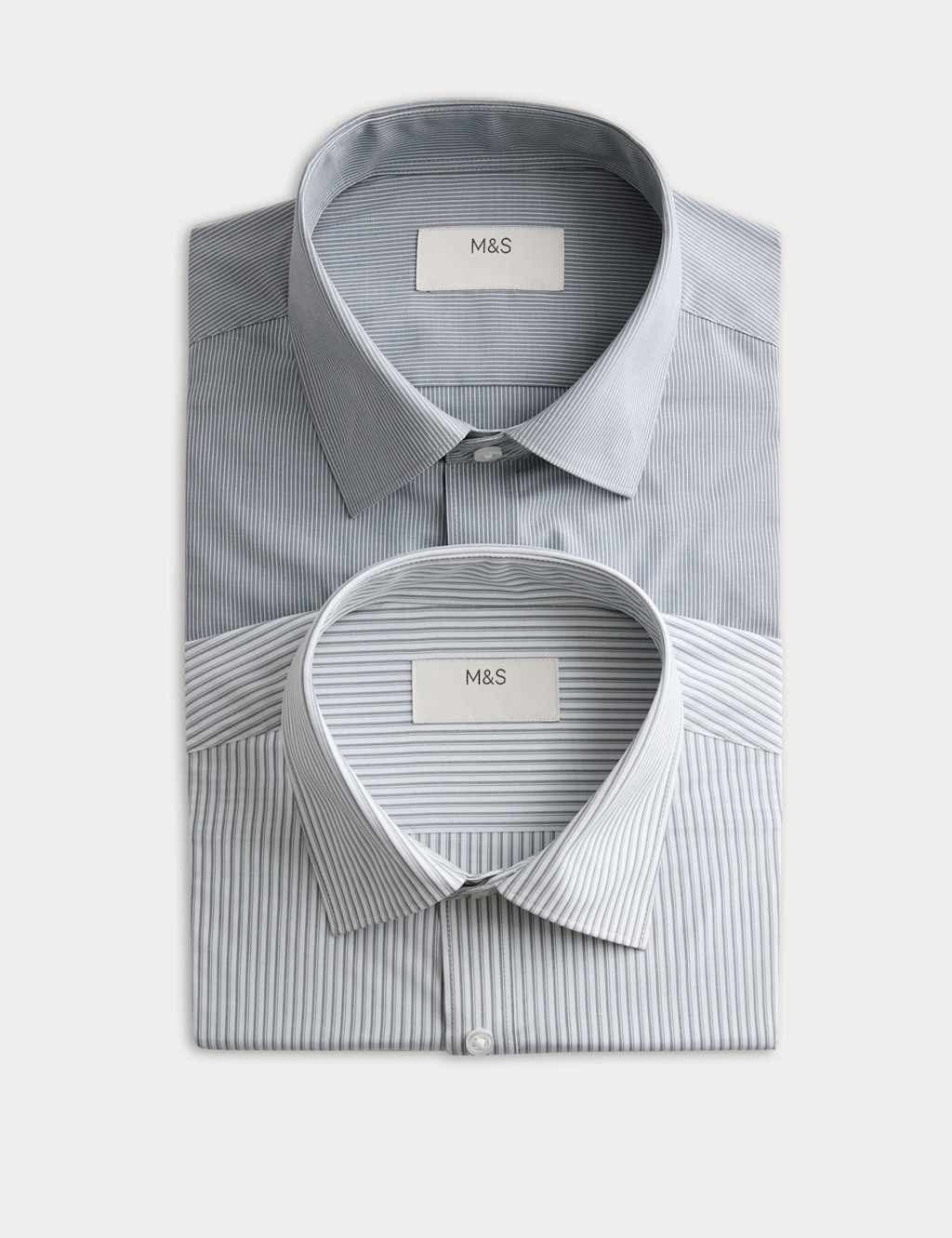 Marks & Spencer M&S 2 Pack Regular Fit Easy Iron Striped Shirts Green Mix