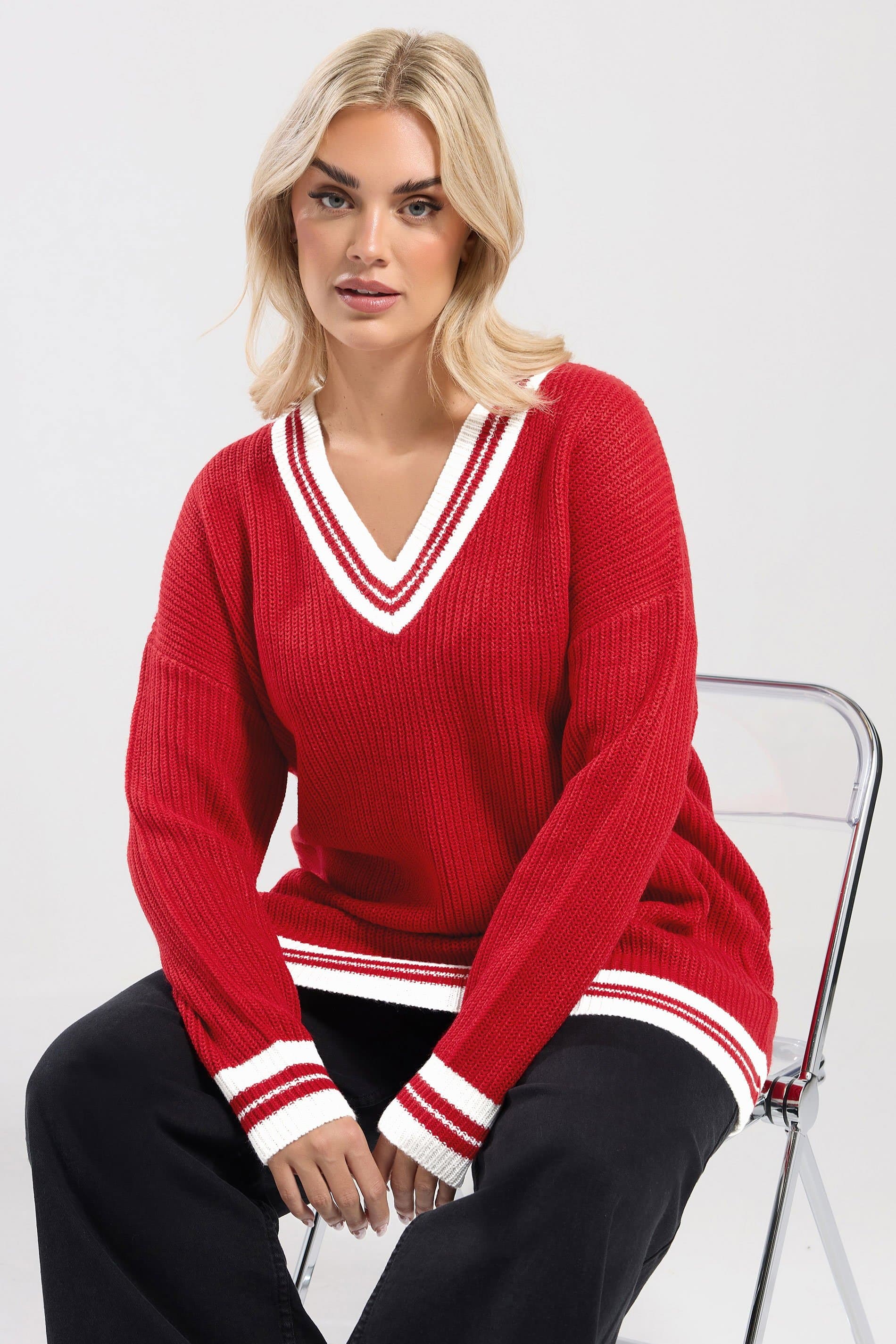 Yours Plus Size Red Contrast Vneck Knitted Jumper