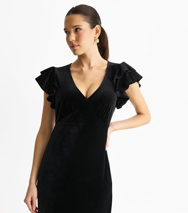 Gini London Women's Black V Neck Ruffle Sleeve Maxi Dress Gini London New Look - 2