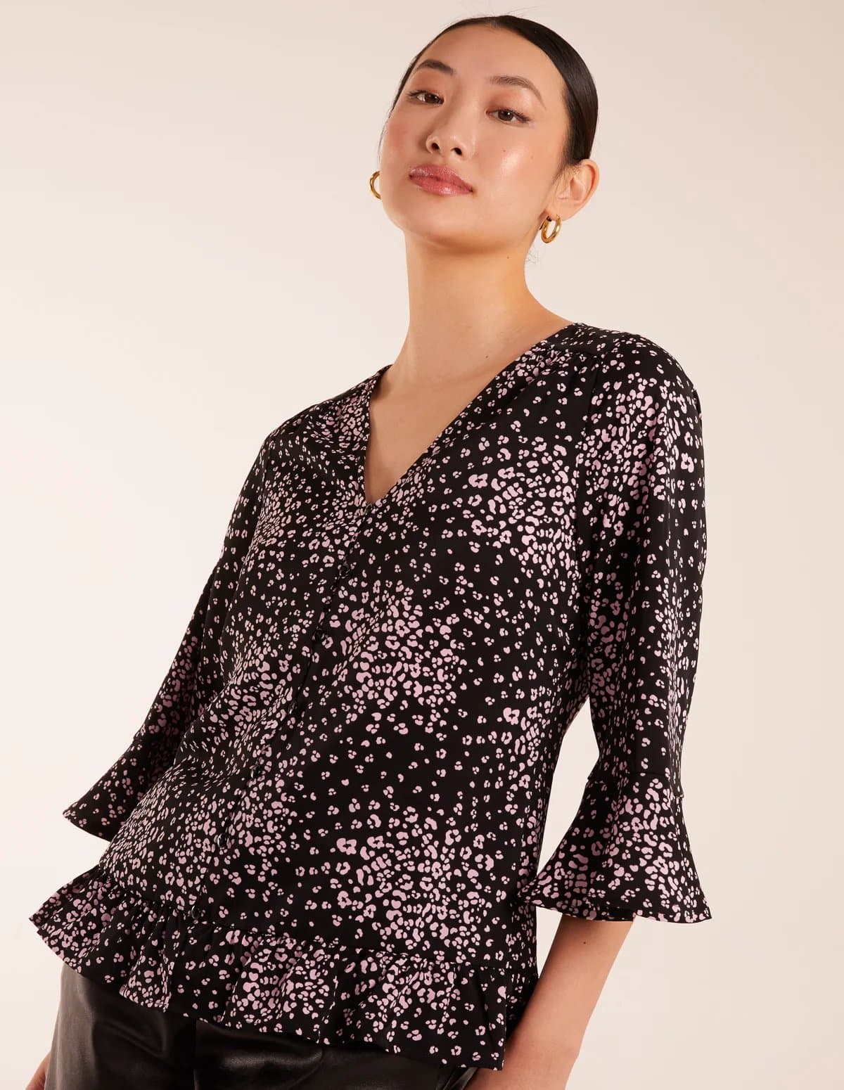Blue Vanilla Button Front V Neck Flounce Blouse