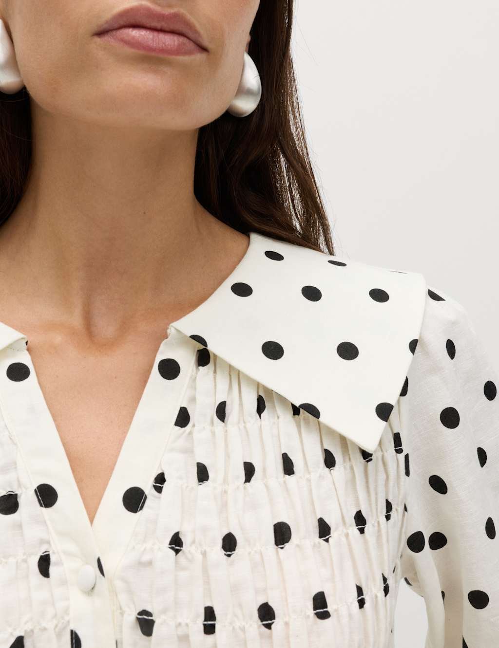 Marks & Spencer M&S Linen Rich Patterned Shirred Blouse Ivory Mix - 3