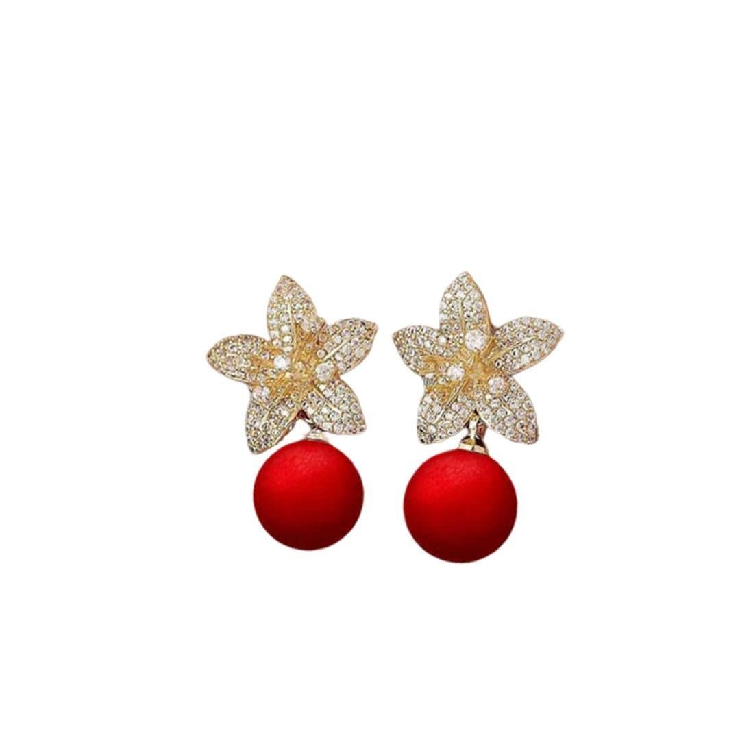 Lovii Lovii Red Floral Zircon Earrings with Bead Drop