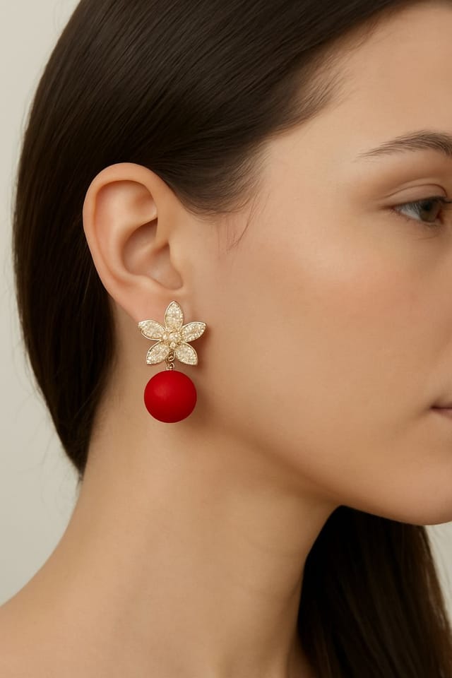 Lovii Lovii Women's Elegant Floral Zircon Earrings with Red Bead Drop - 2