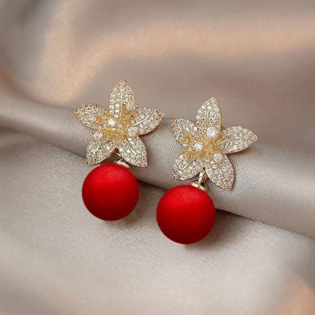 Lovii Lovii Women's Elegant Floral Zircon Earrings with Red Bead Drop - 3