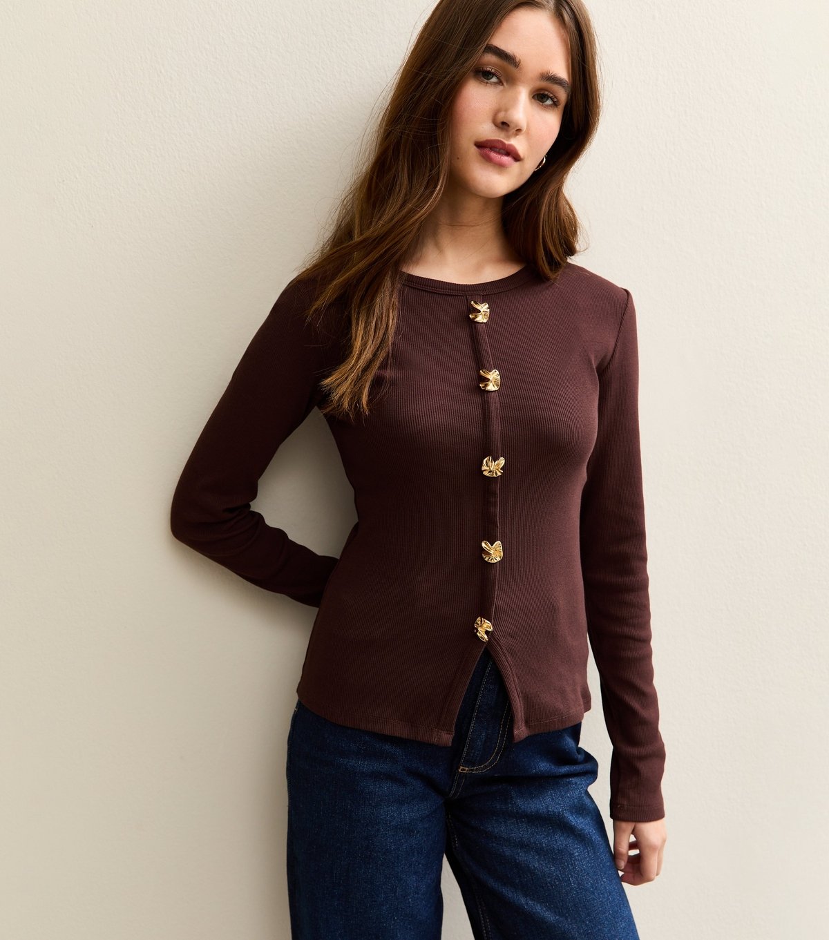New Look Women's Dark Brown Jersey Button Detail Long Sleeve Top New Look - 2