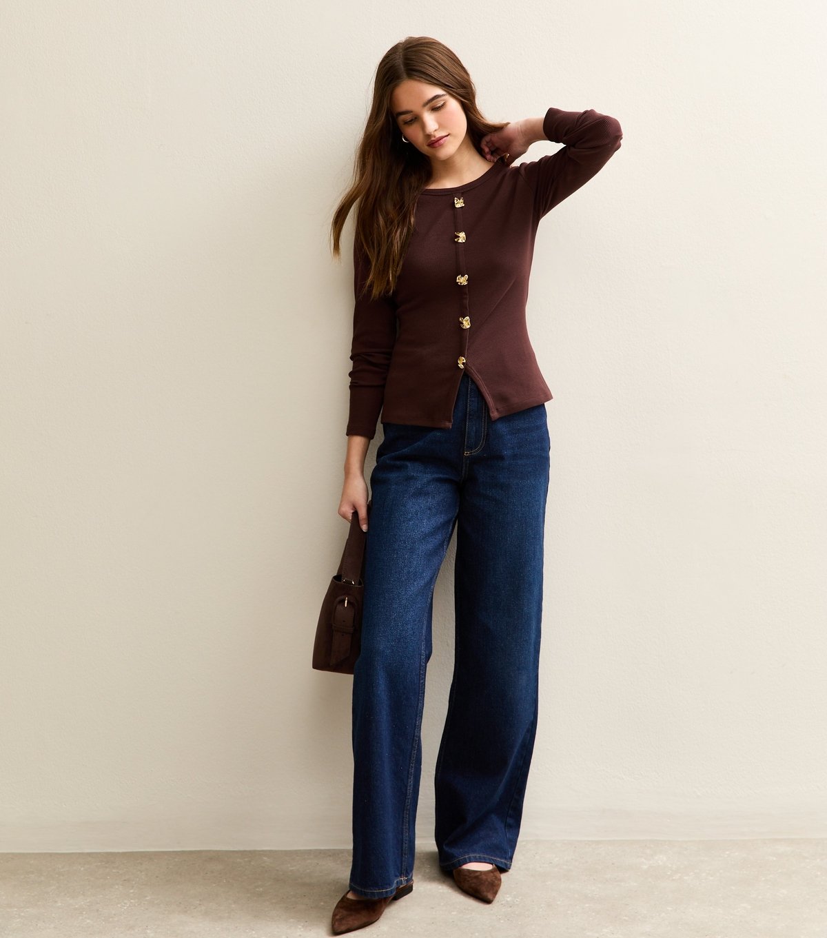 New Look Women's Dark Brown Jersey Button Detail Long Sleeve Top New Look - 3