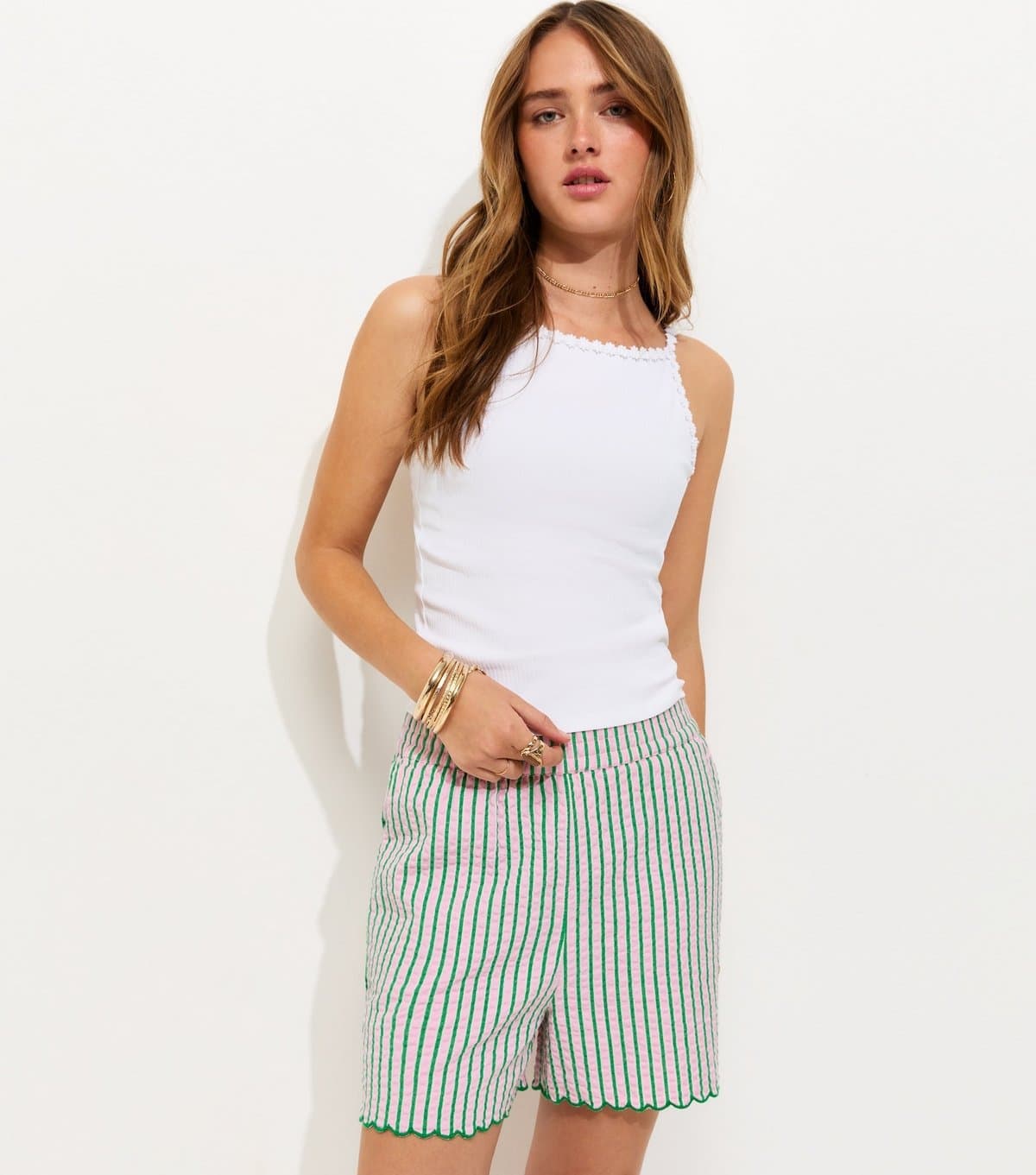 New Look New Look Pink Cotton Seersucker Scallop Edge Shorts