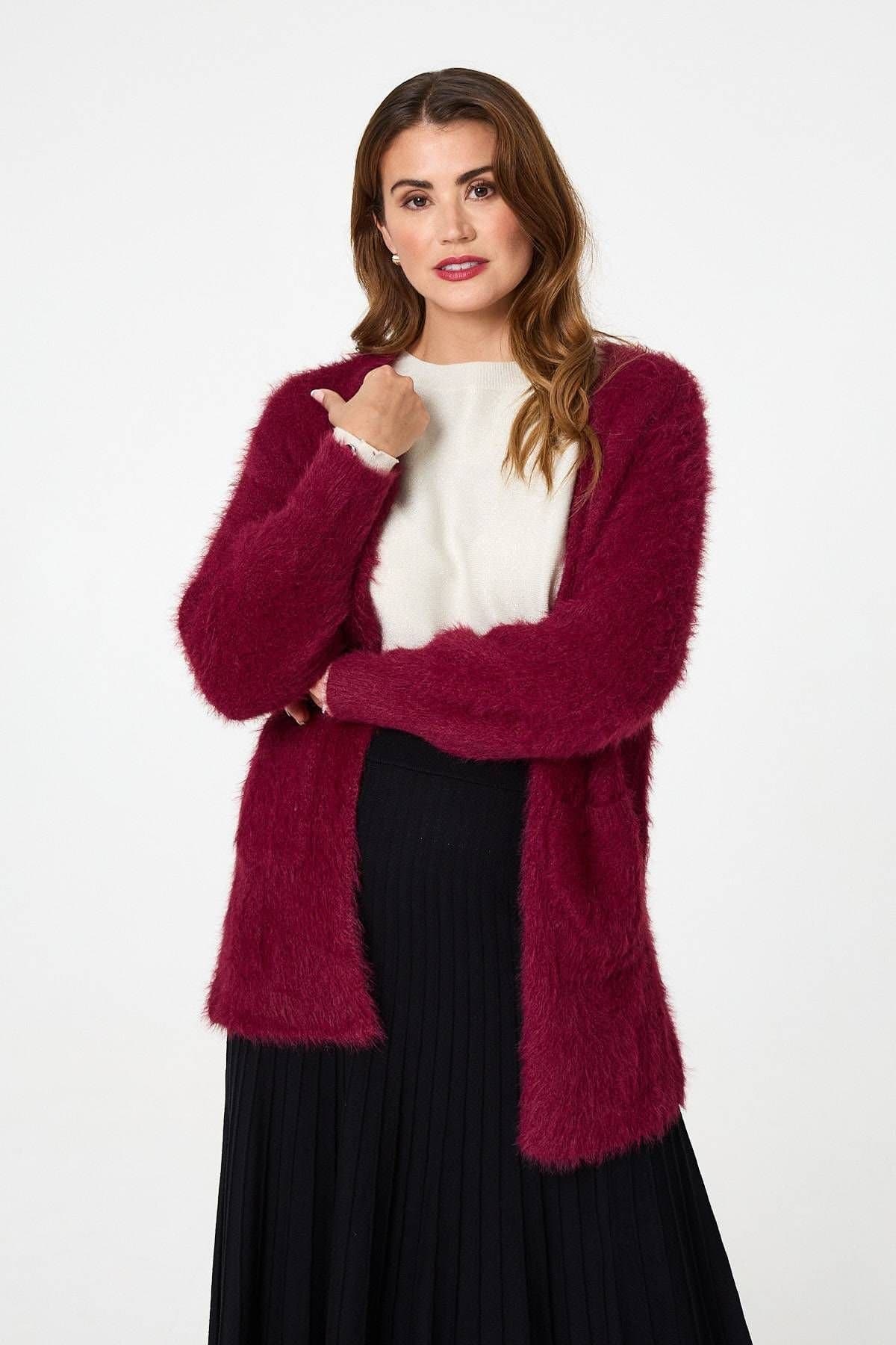 Izabel London Izabel London Women's Soft Textured Longline Open Cardigan in Red