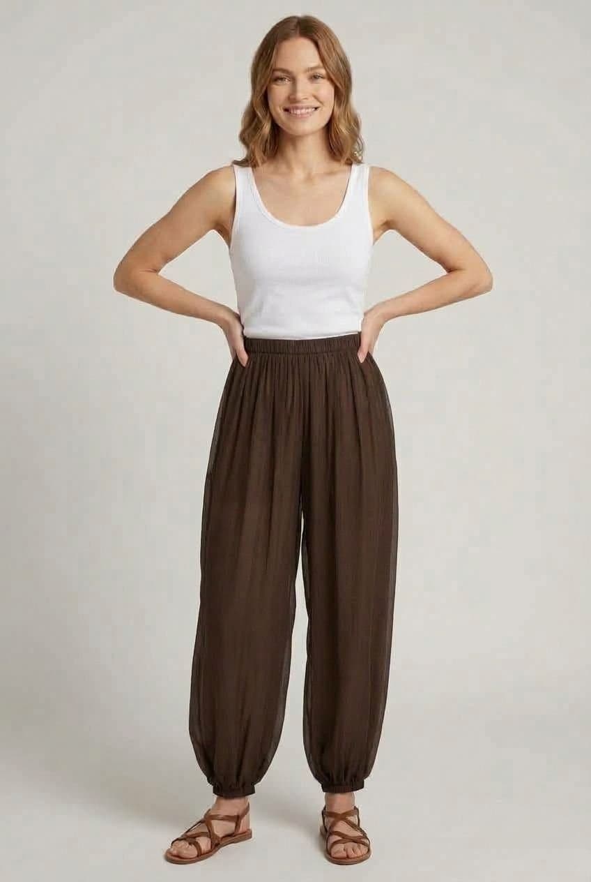 Izabel London Izabel London Women's Semi Sheer Layer High Waist Harem Pants in Brown