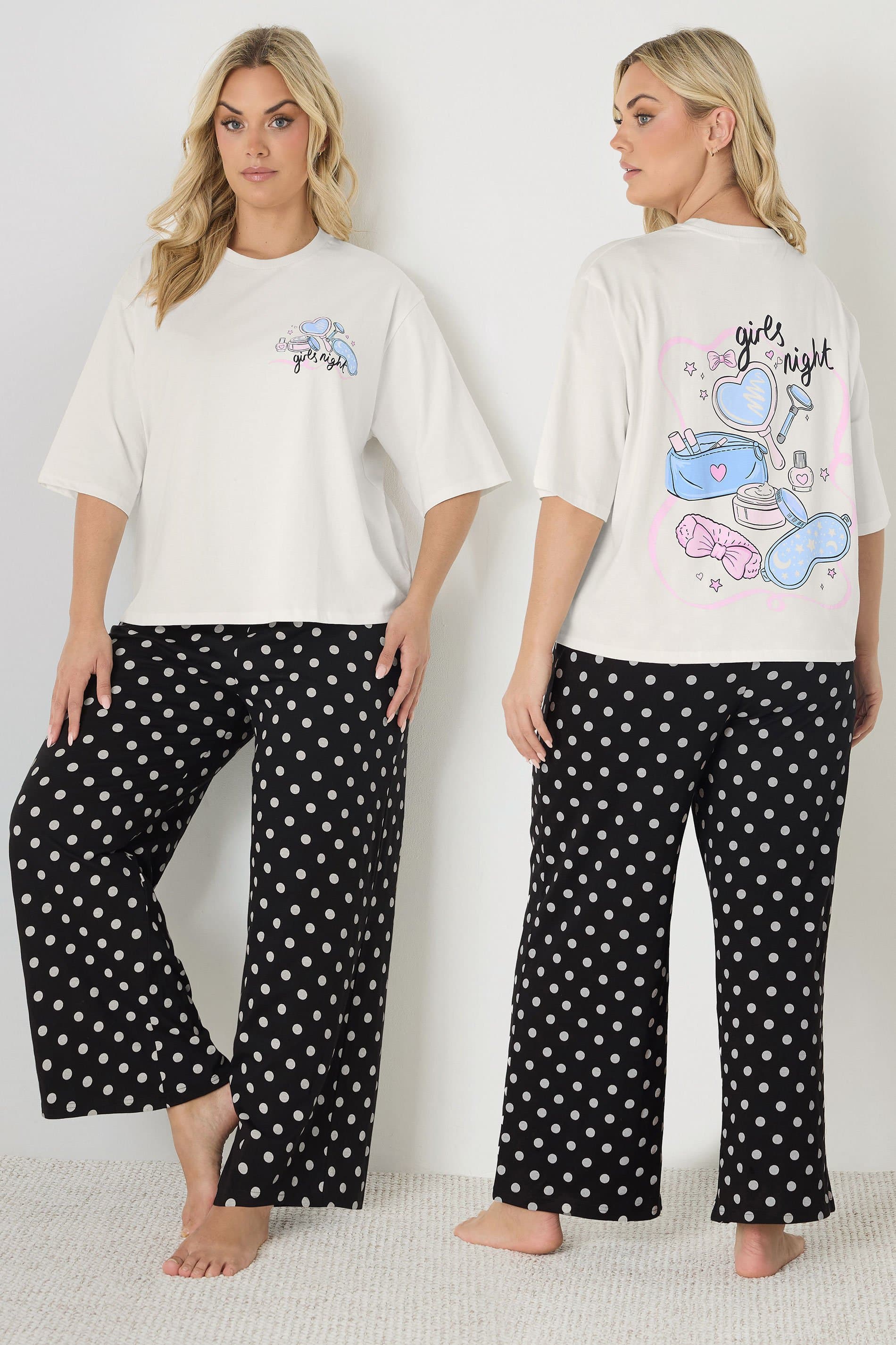 Yours Plus Size Ivory White 'Girls Night' Polka Dot Pyjama Set