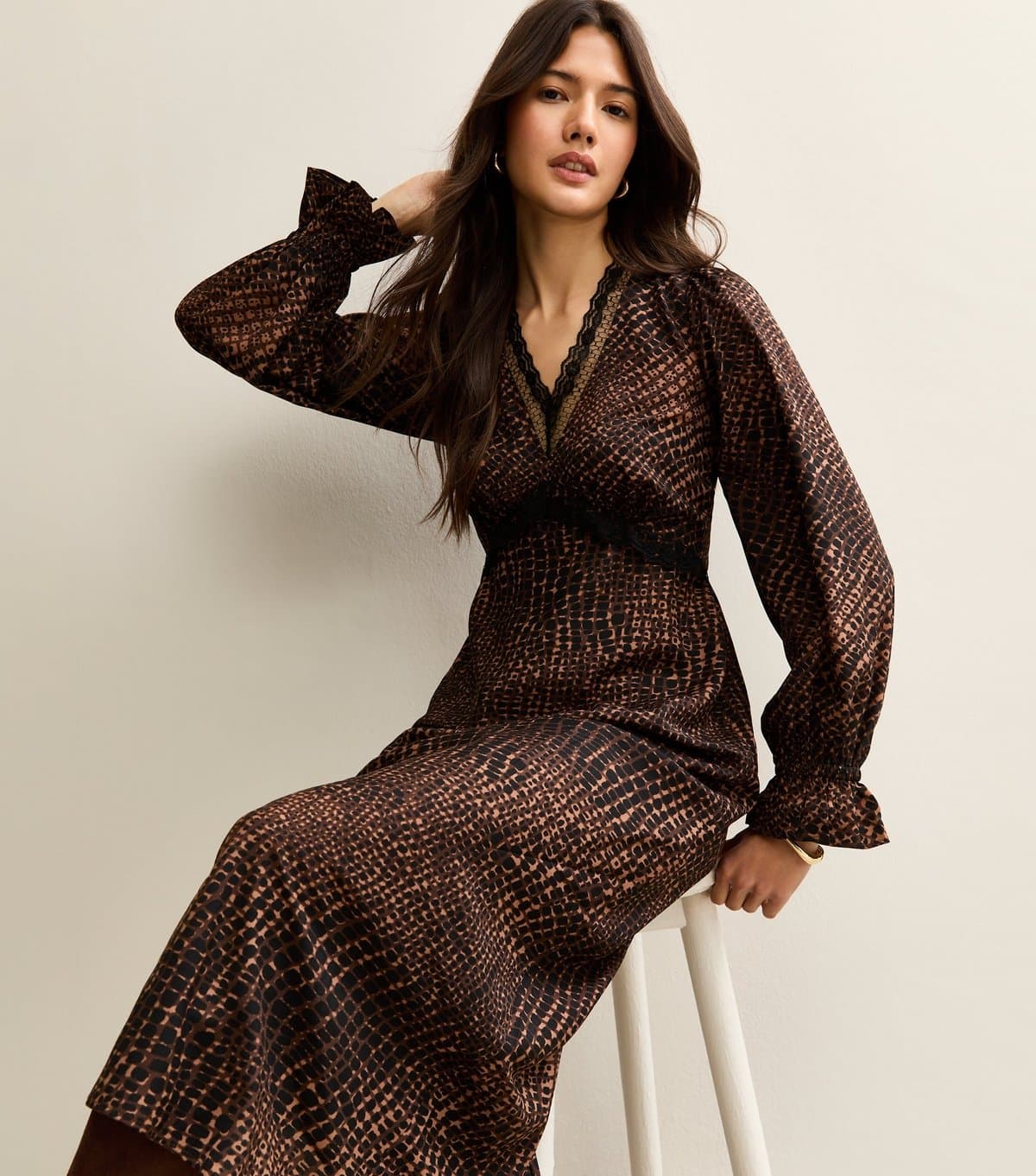 New Look Women's Brown Animal Print Lace Neck Midi Dress New Look