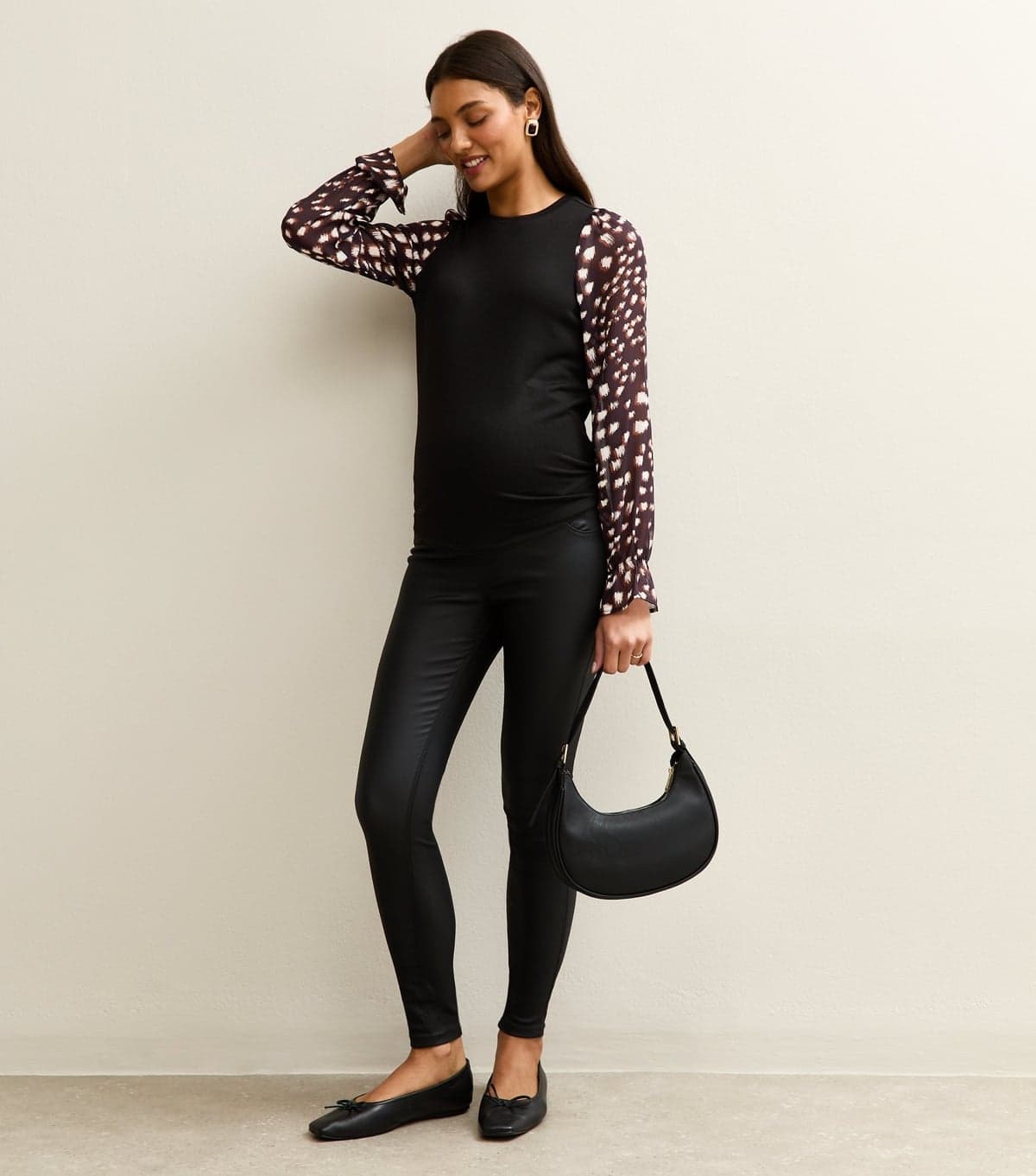 New Look Women's Maternity Black Soft Touch Printed Sleeve Top New Look