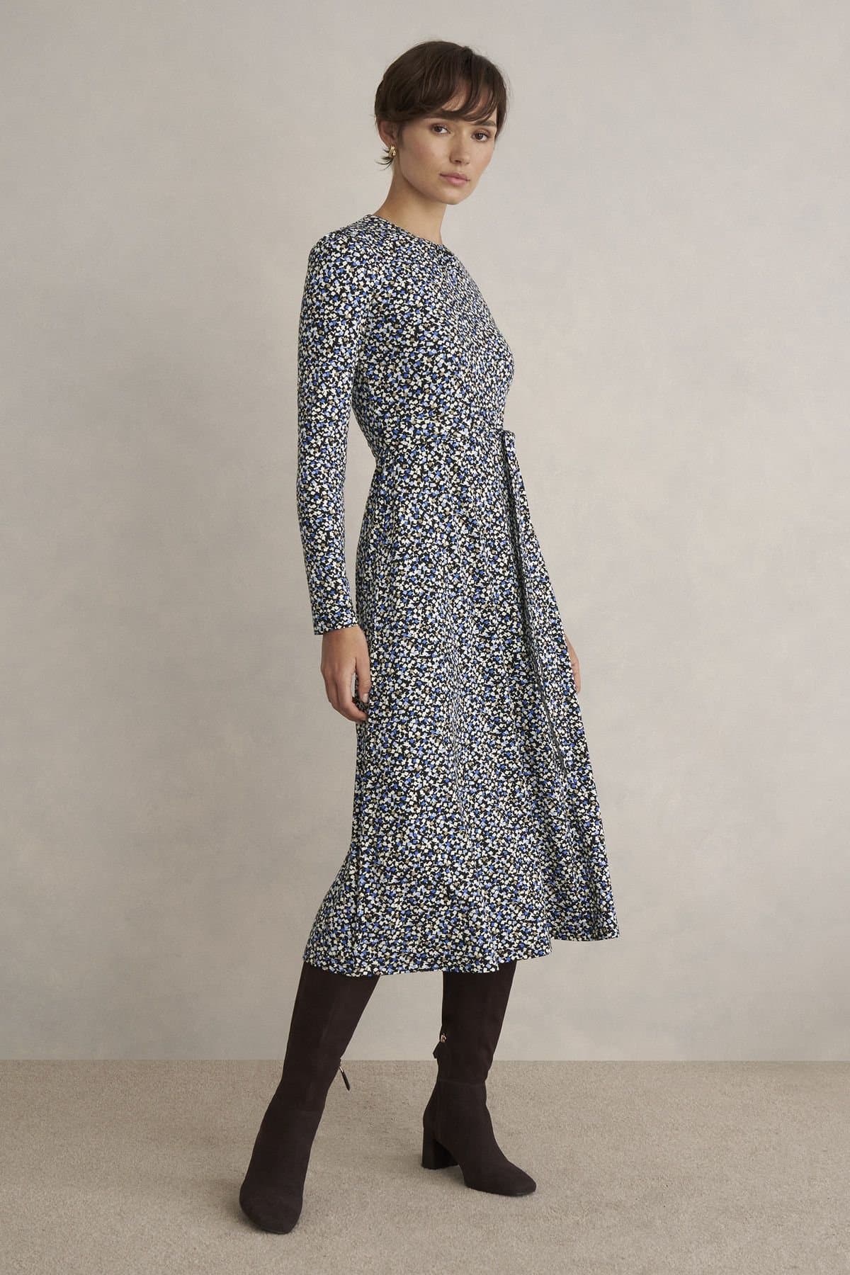 Hobbs London Hobbs London Women's Long Sleeve Round Neck Jersey Midi Dress in Mid Navy