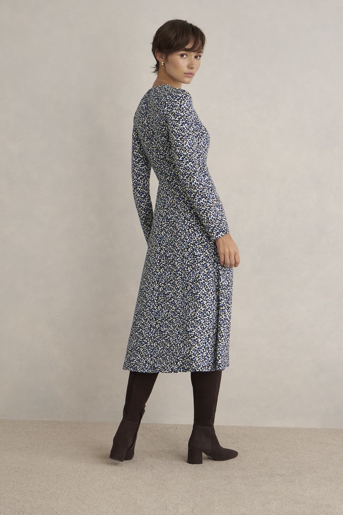 Hobbs London Hobbs London Women's Long Sleeve Round Neck Jersey Midi Dress in Mid Navy - 4