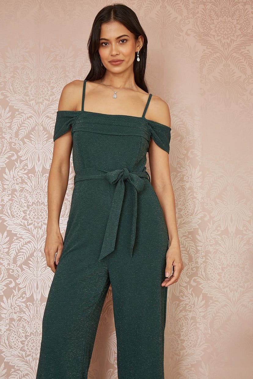 Yumi Yumi Women's Green Sparkle Stretch Bardot Jumpsuit - 1