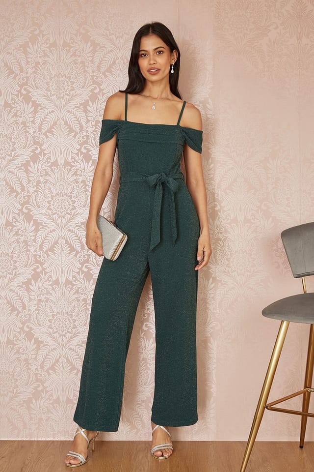 Yumi Yumi Women's Green Sparkle Stretch Bardot Jumpsuit - 2